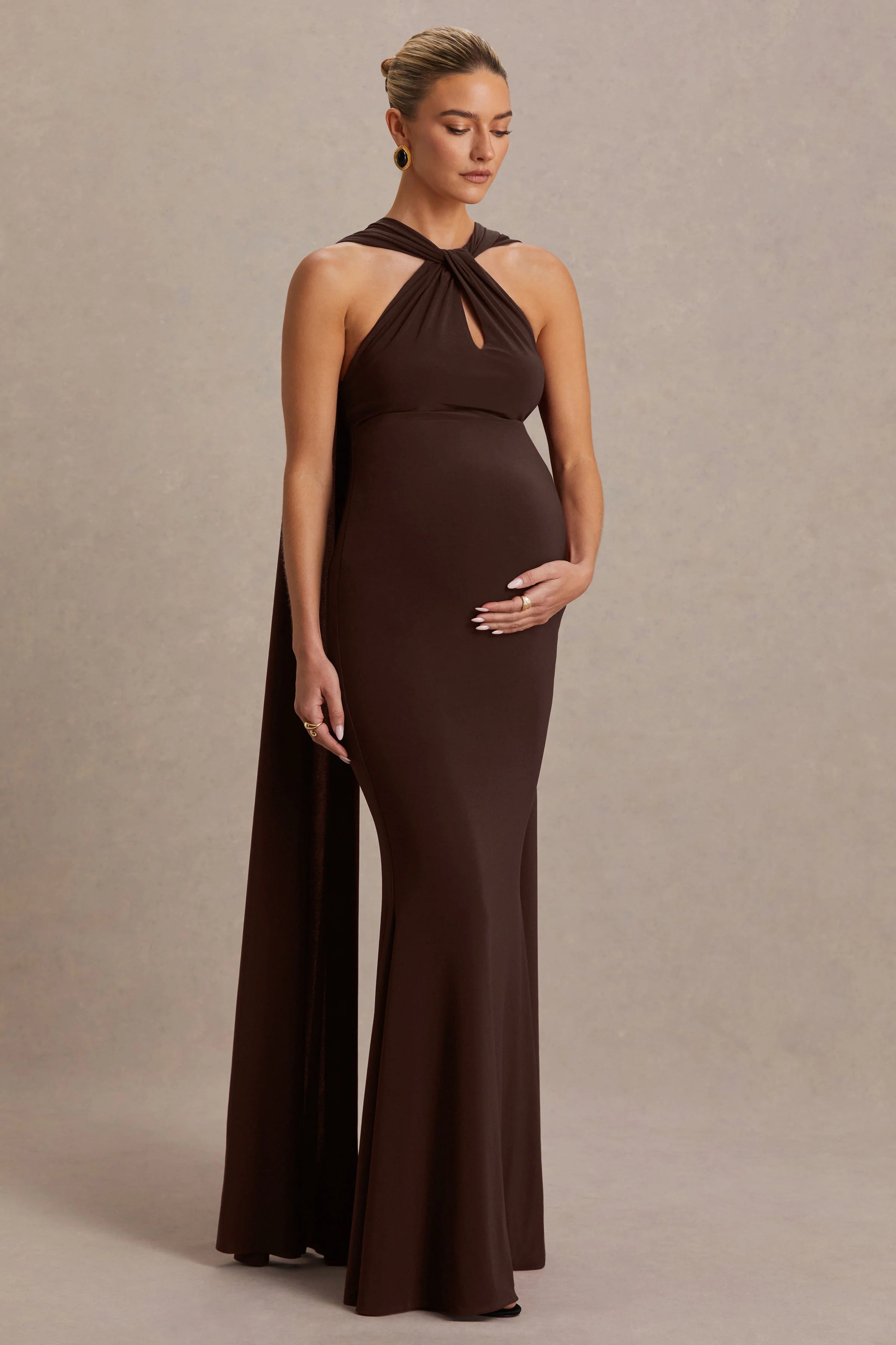Lyra Brown Cross Halter Neck Maternity Maxi Dress With Cape