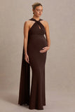 Lyra Brown Cross Halter Neck Maternity Maxi Dress With Cape