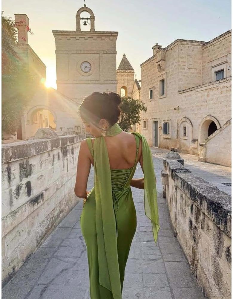 Women Wedding Guest Dress Satin Corset Top Elegant Maxi Dresses with Sheer Scarf Evening Gown