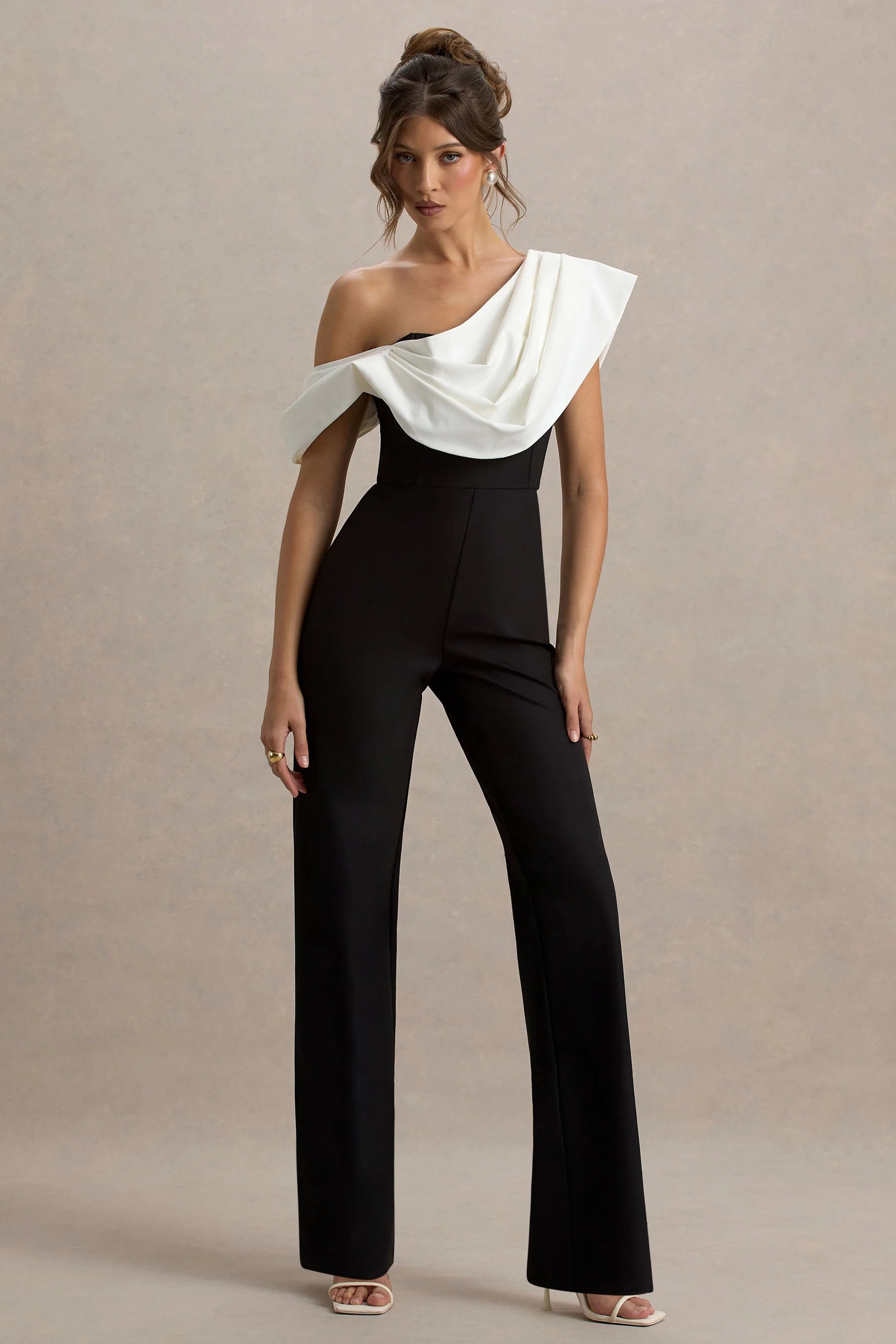 Falling For You Black White Asymmetric Draped Jumpsuit