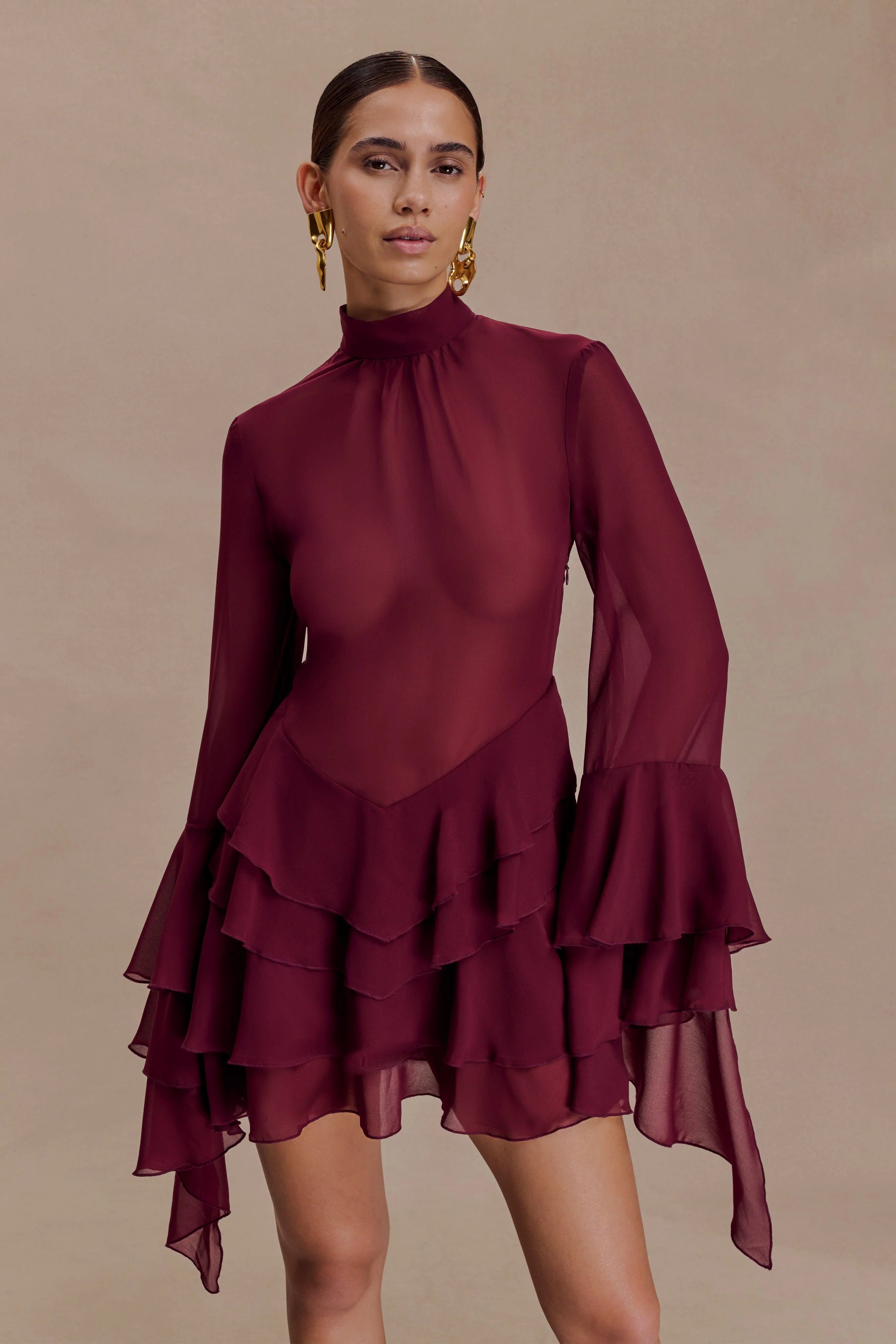 Nimah Chiffon Ruffle Mini Dress Wine