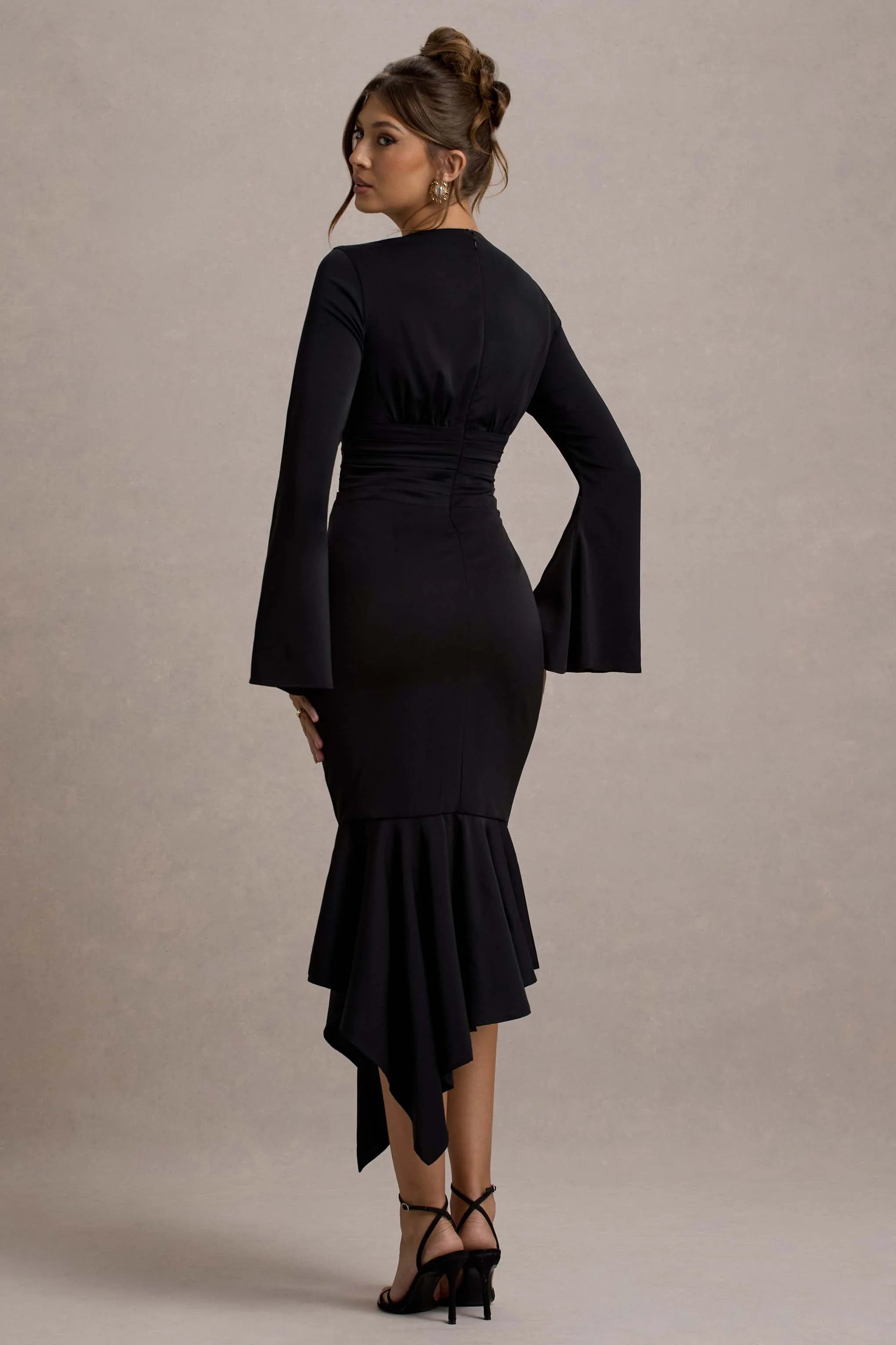 Rehna Black Plunge Neck Bell Sleeve Midi Dress
