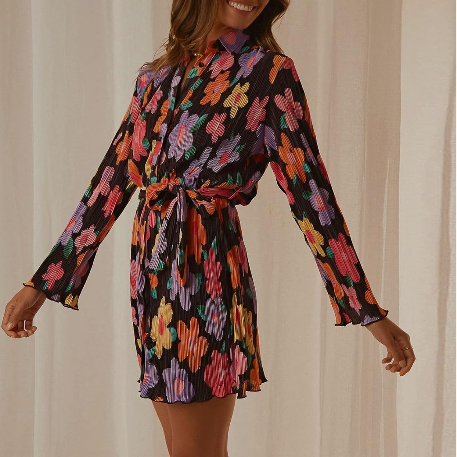 Women Shirt Dresses Long Sleeve Pleated Mini Dress Casual Button Down Tunic Tops with Belt Vintage Streetwear
