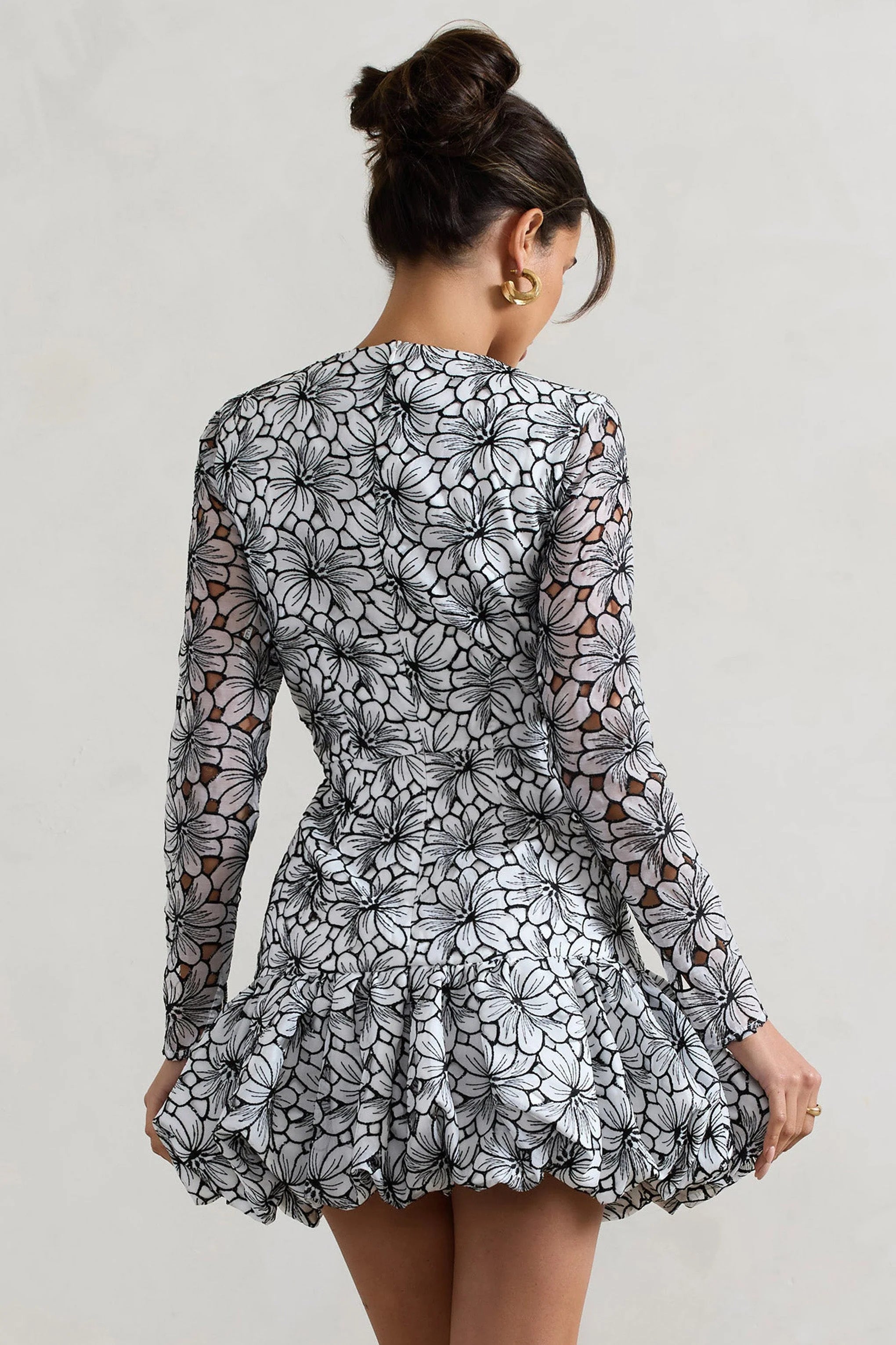 Claribel Black White Lace Long Sleeve Mini Dress With Ruffle Hem