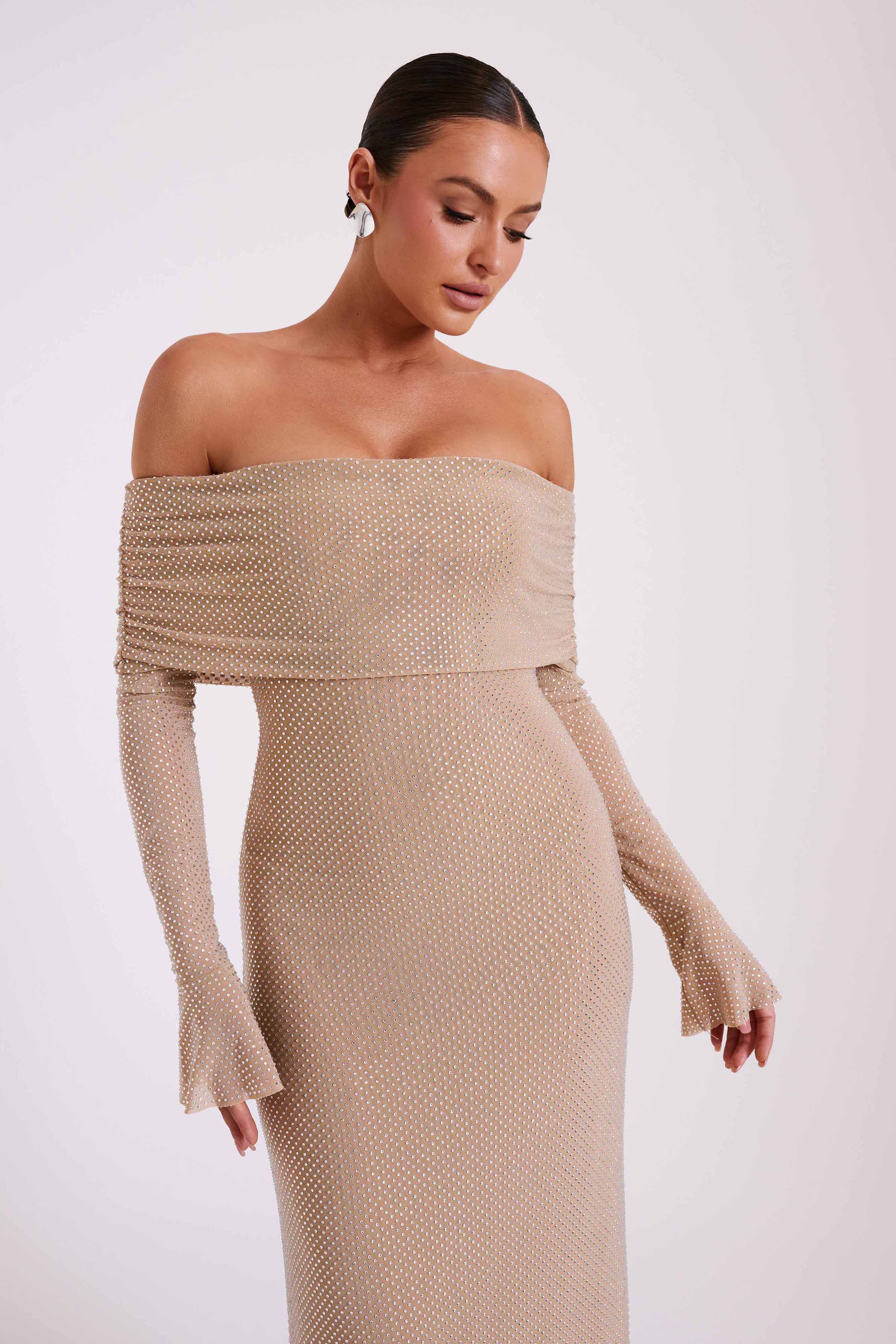 Marcel Off Shoulder Diamante Maxi Dress Nude