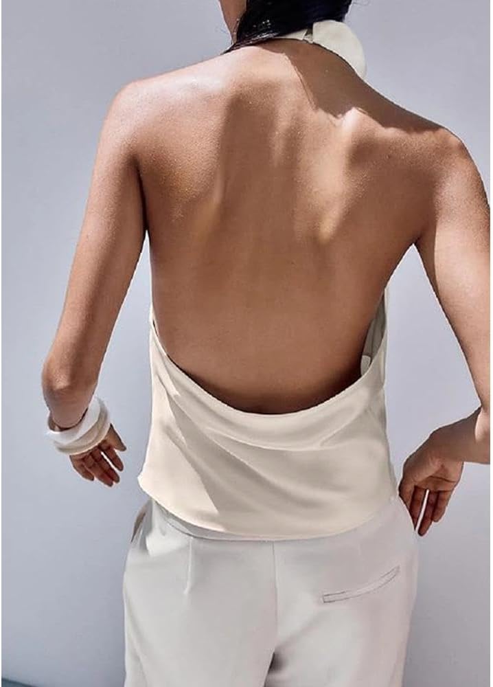 Women Halter Top Cowl Neck Backless Satin Silk Tank Tops Elegant Going Out Clubwear