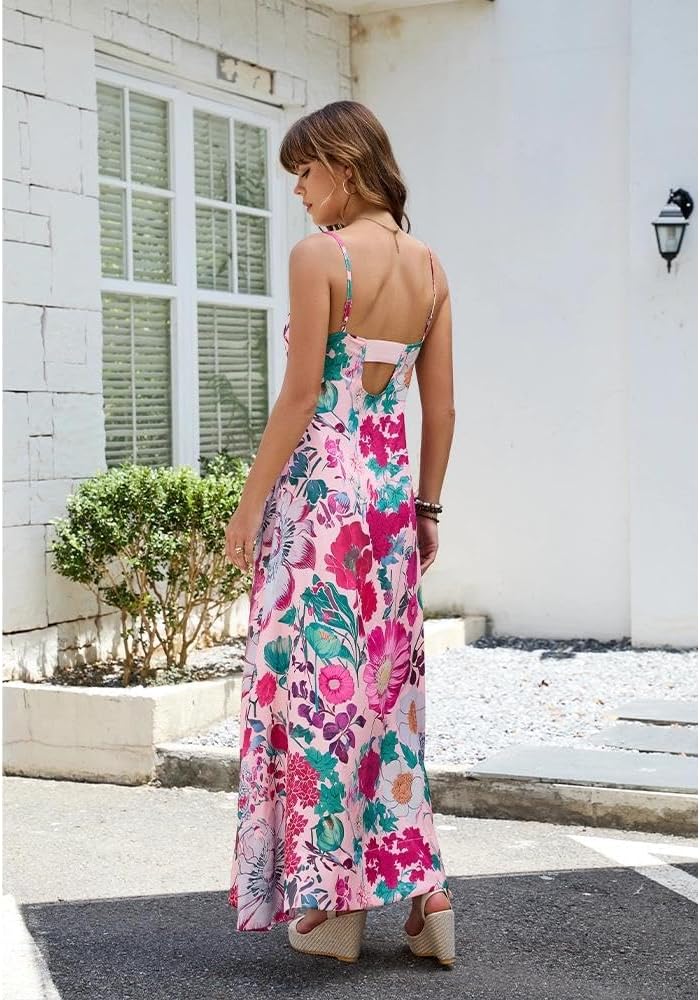 Women Boho Floral Maxi Dress Backless Spaghetti Strap A Line Flowy Summer Vacation Long Dress