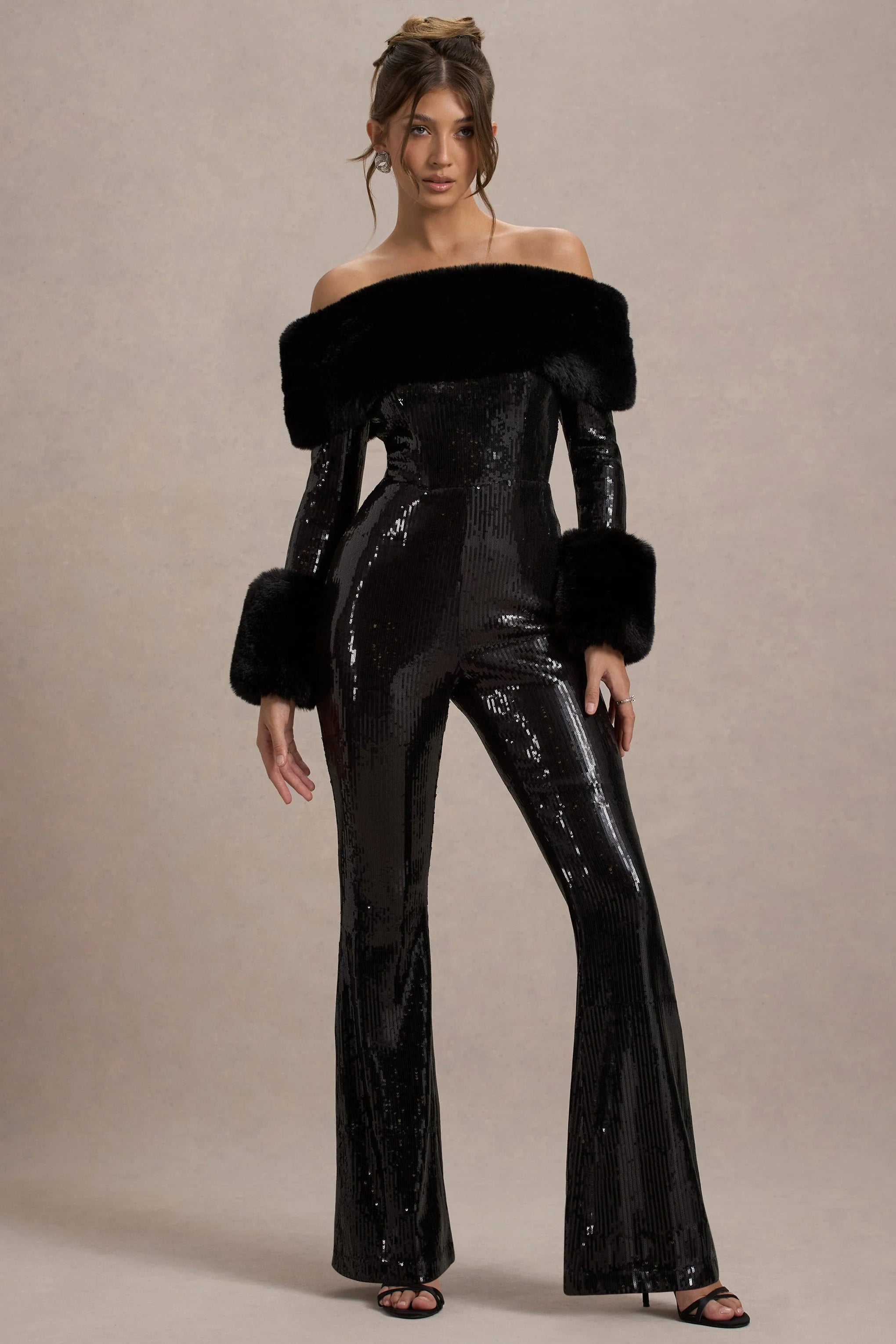 Lunar Black Sequin Bardot Flared Leg Jumpsuit With Fur
