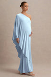 Waves Powder Blue Asymmetric Maternity Maxi Dress With One Sleeve Cape