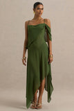 Tiara Green Asymmetric Midi Dress With Draping Detailing and Open Back