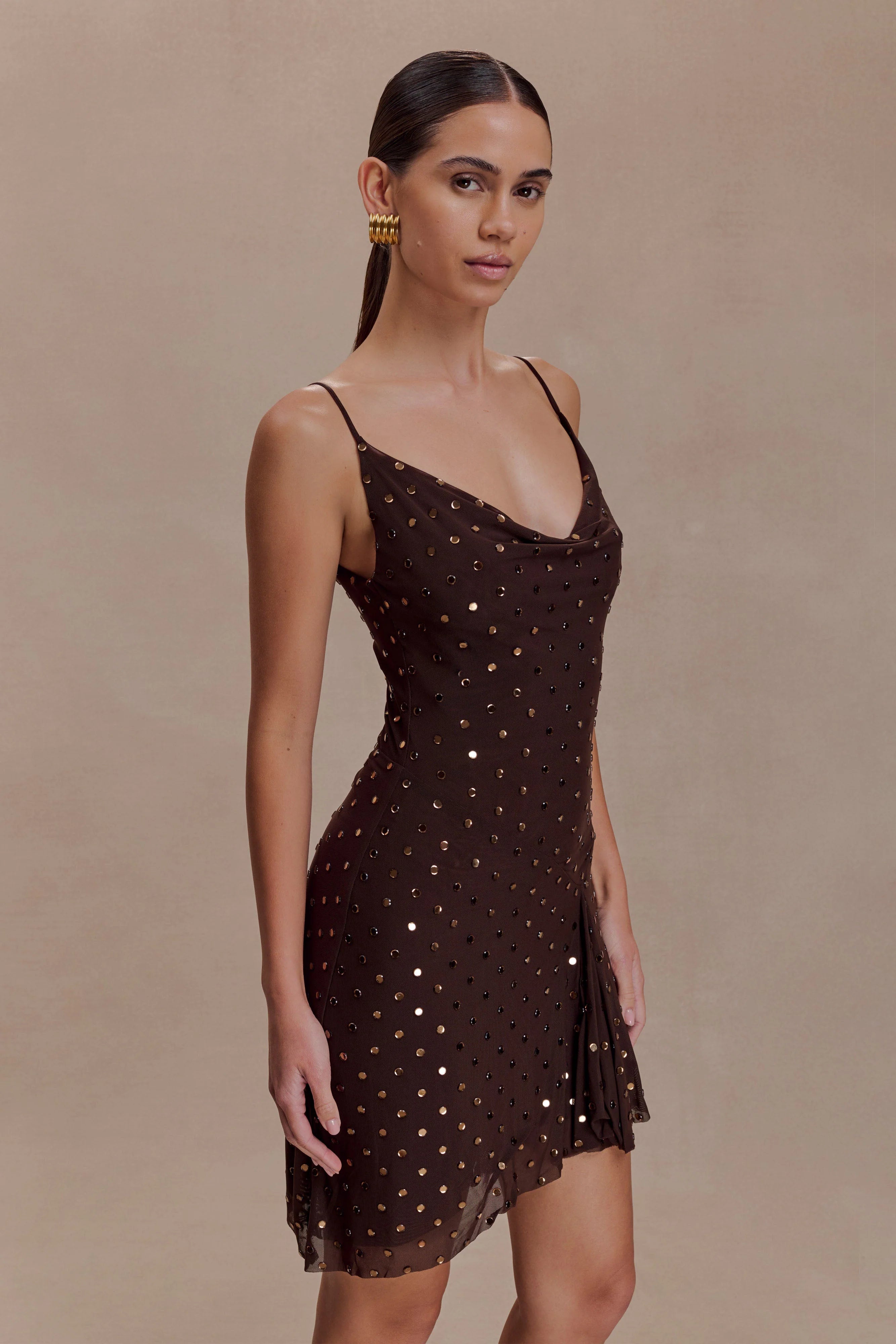 Zahra Diamante Cowl Mini Dress Chocolate