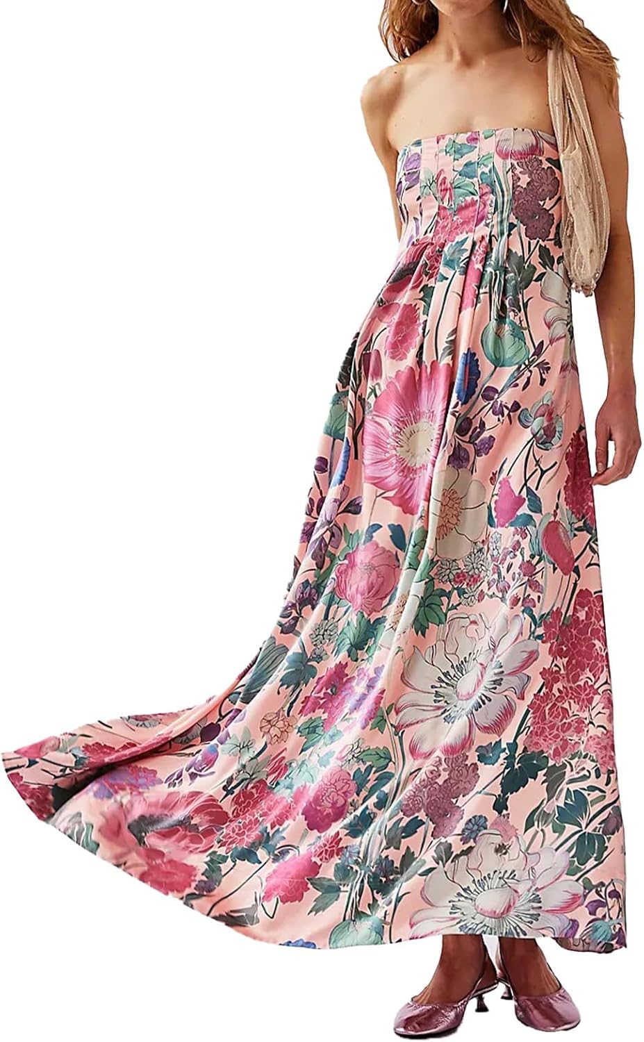 Women Boho Floral Maxi Dress Backless Spaghetti Strap A Line Flowy Summer Vacation Long Dress