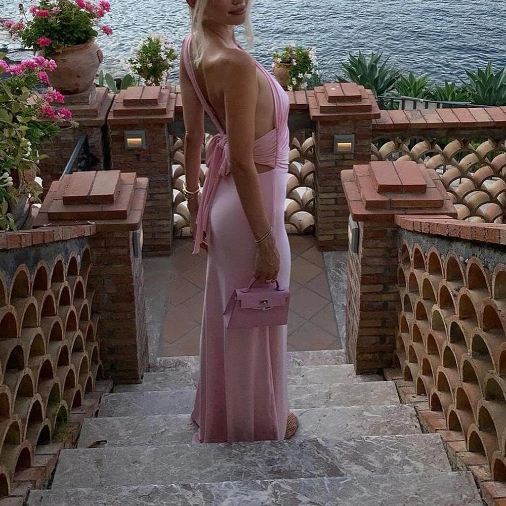 Women Sexy Backless Dress Halter Cut Out Bodycon Maxi Dresses Wedding Guest Beach Vacation