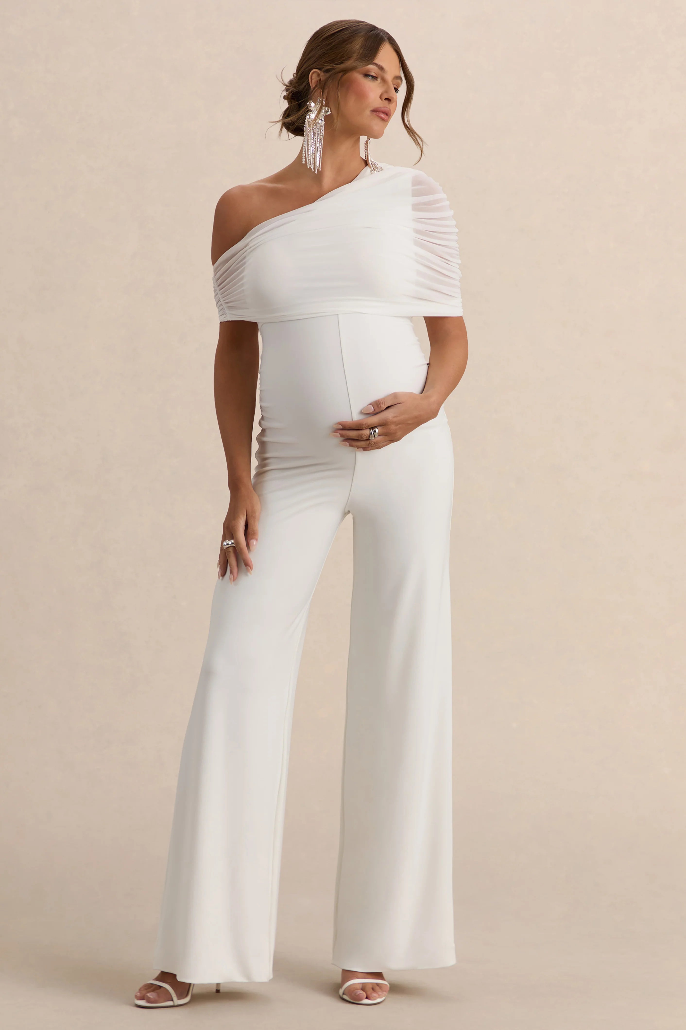 Mariska White Asymmetric Neck Maternity Jumpsuit