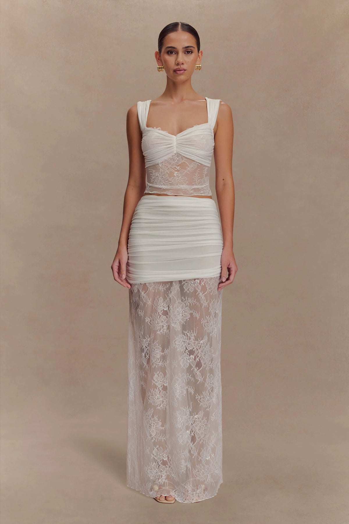 Guinevere Lace And Mesh Maxi Skirt Ivory