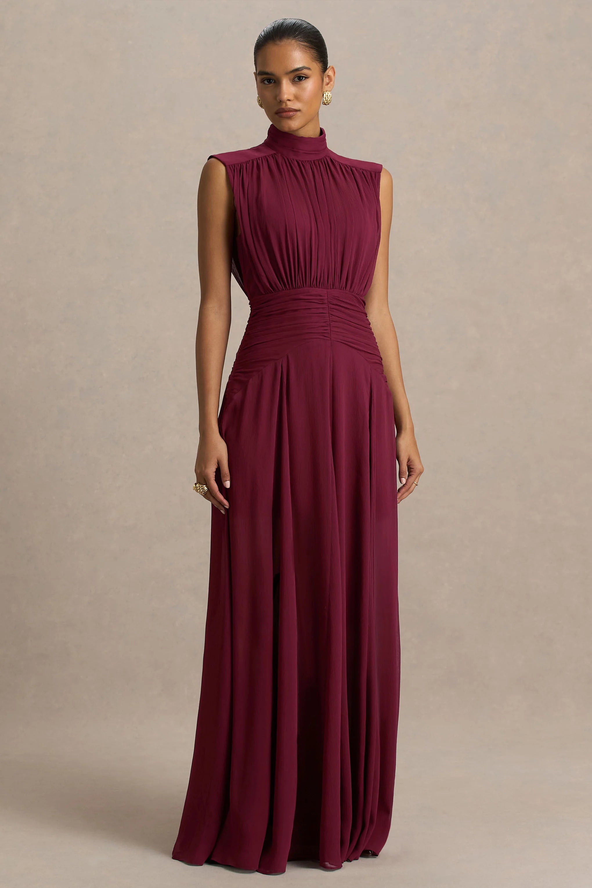 Melanina Burgundy High Neck Maxi Dress With Ruched Detailing