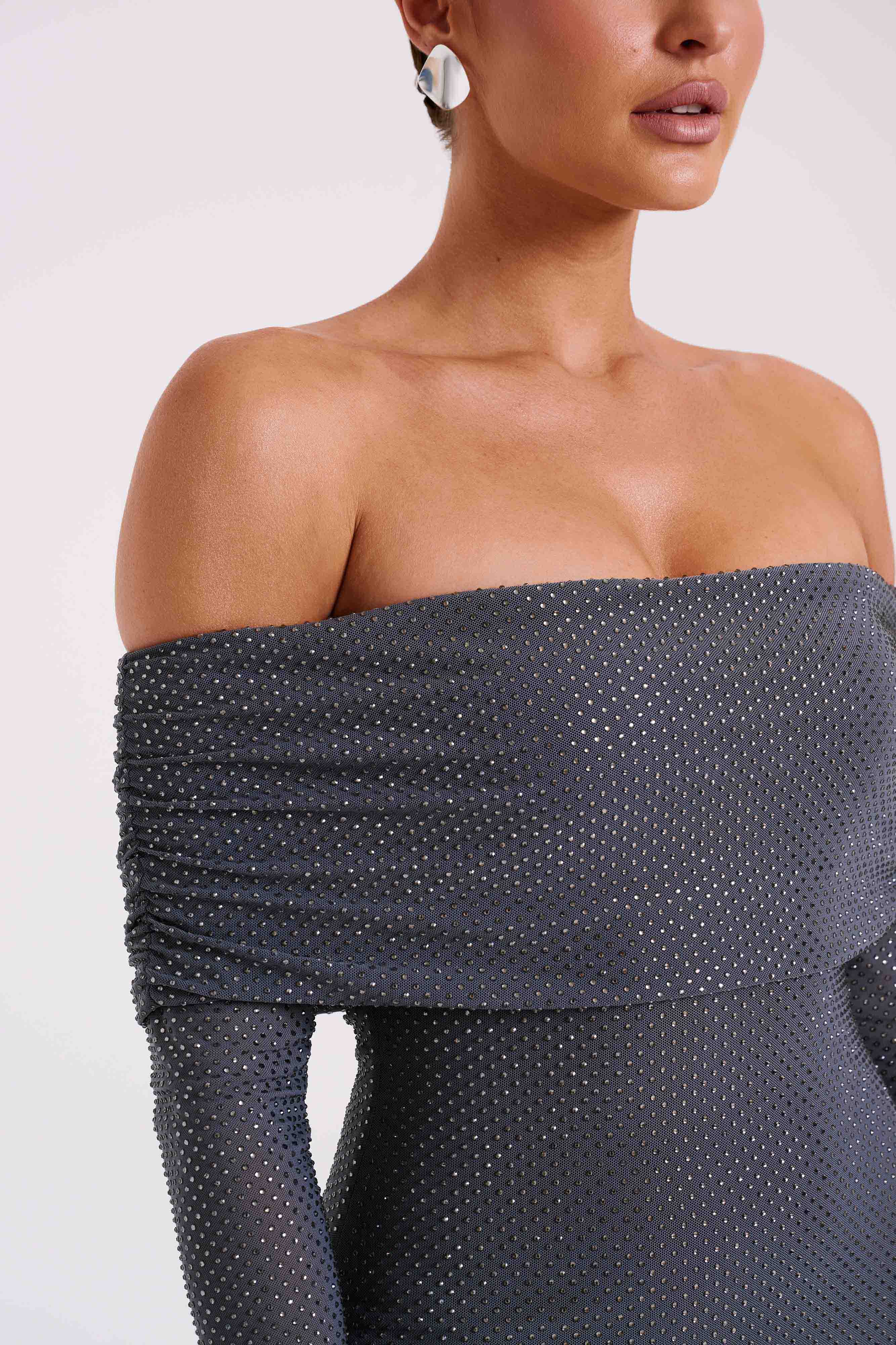 Marcel Off Shoulder Diamante Maxi Dress Gunmetal