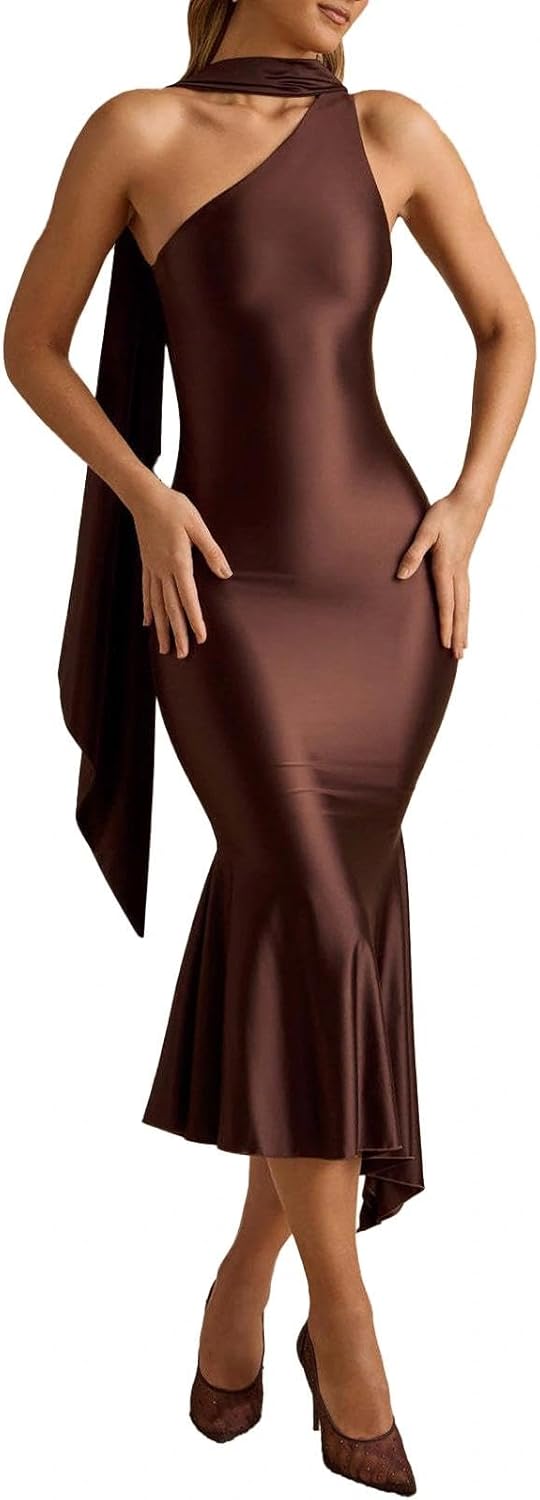 Women Formal Satin Dress One Shoulder Asymmetrical Scarf Mermaid Hem Midi Dress Cocktail Prom Gown