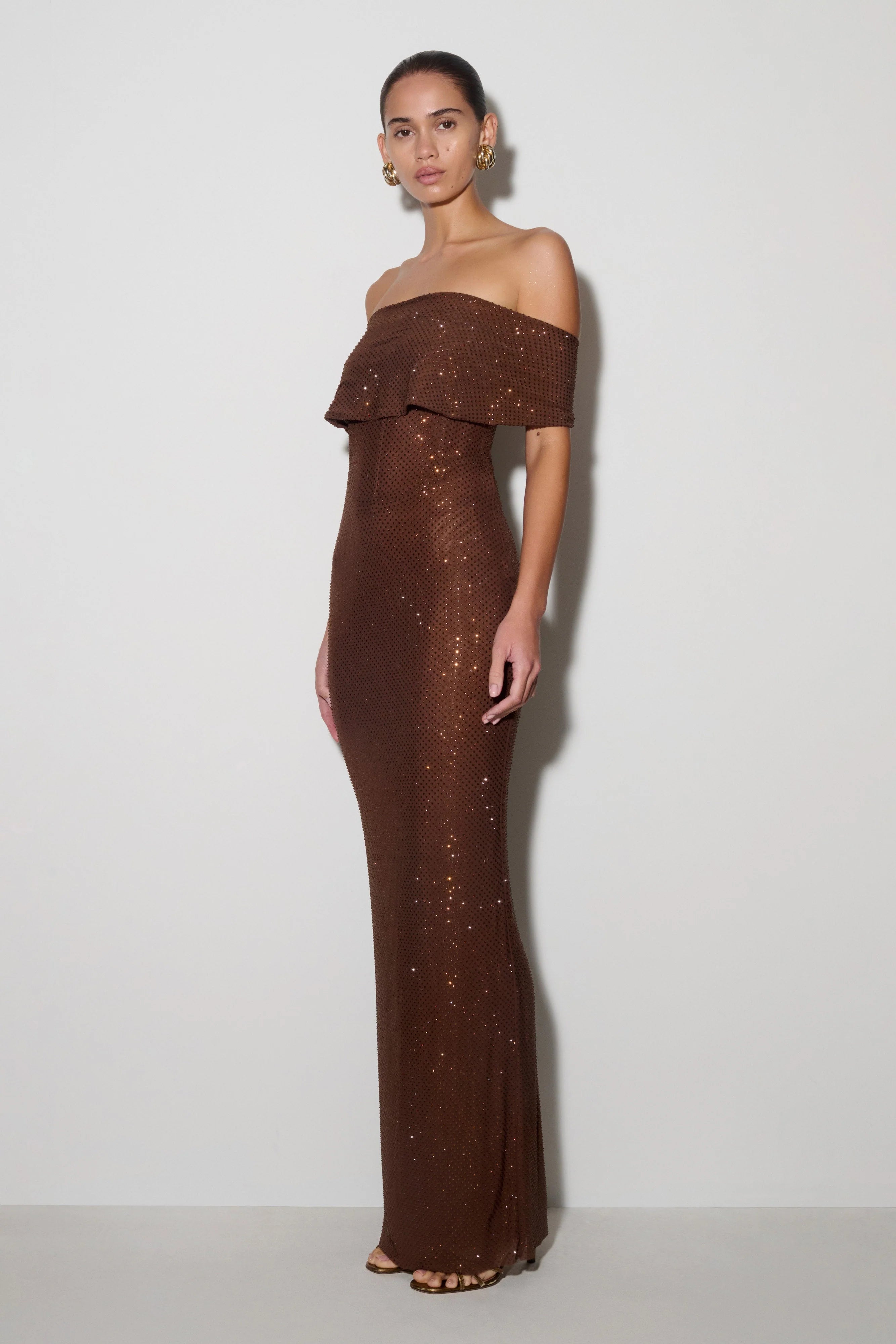 Phi Multi Wear Cowl Diamante Maxi Dress Chocolate