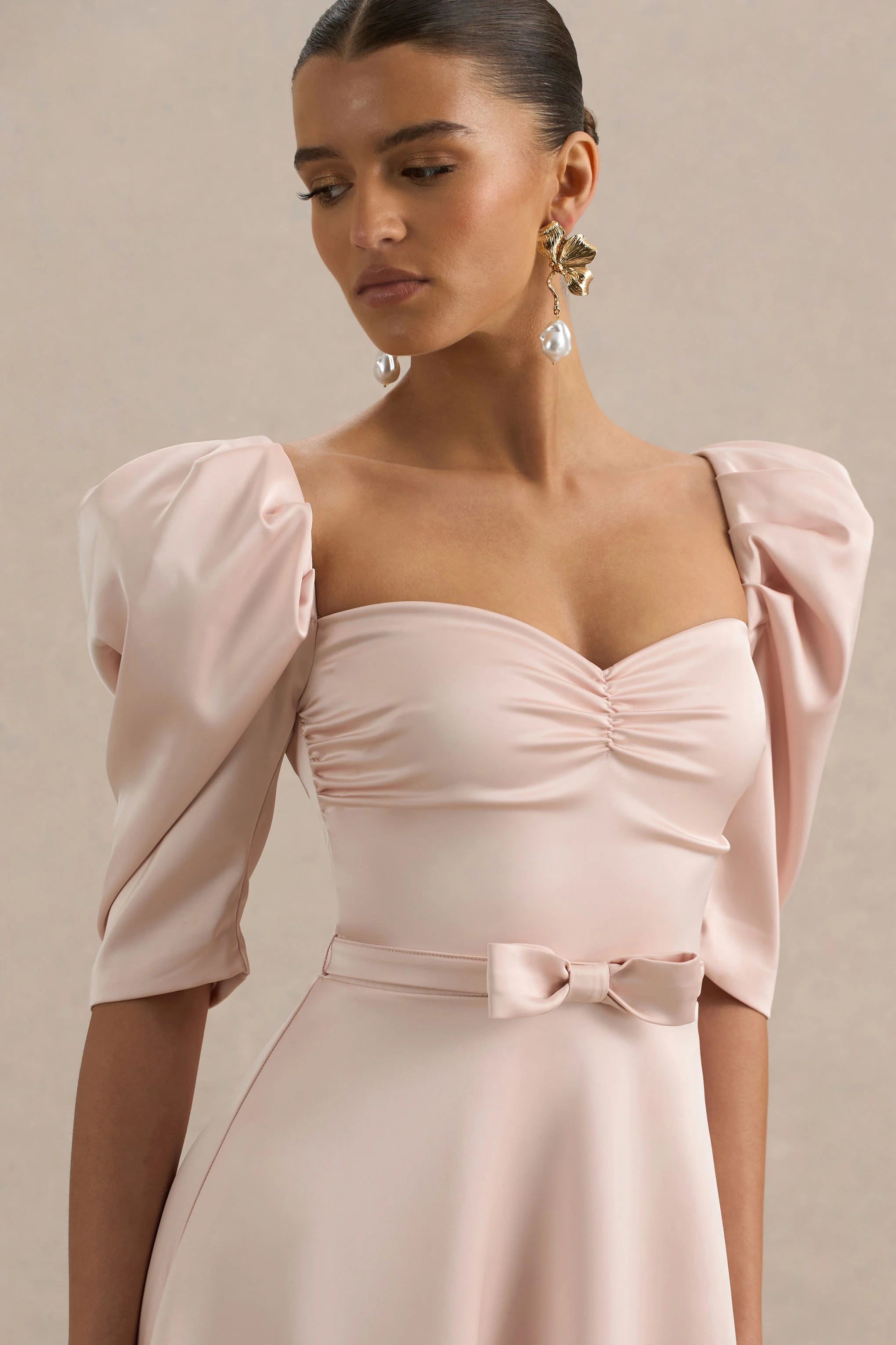 Rosey Pale Pink Satin Sweetheart Midi Dress