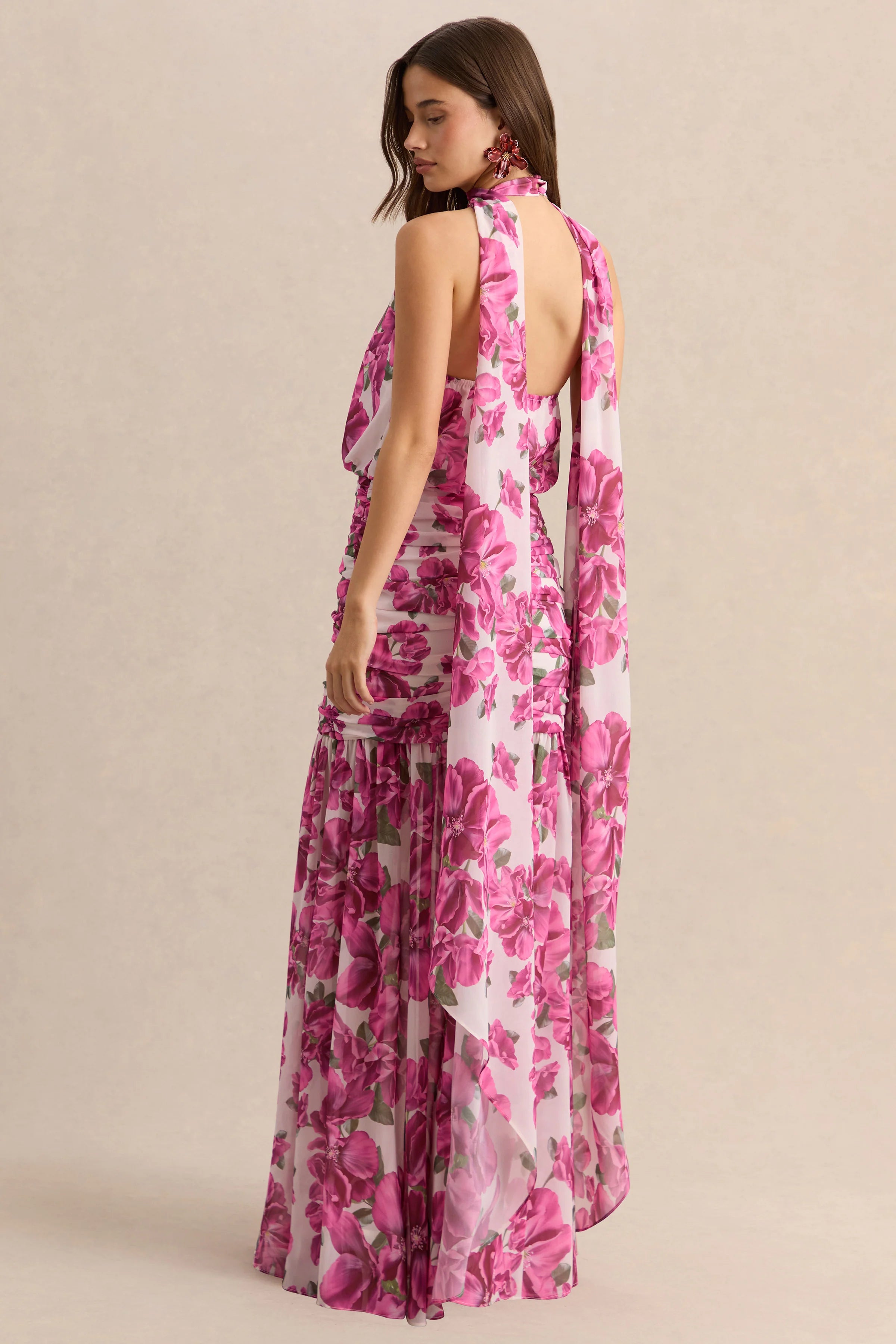 Veronique Pink Hibiscus Floral Halter Neck Maxi Dress