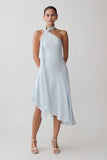 Evelina Halter Asymmetric Hem Midi Dress Ice Blue