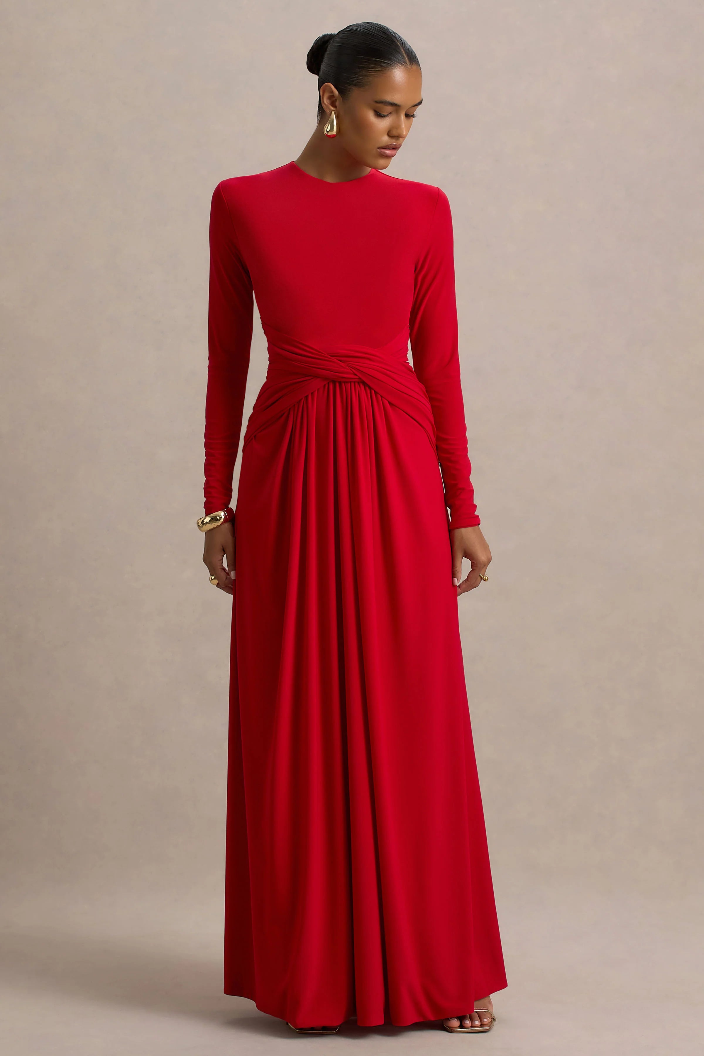 Estrella Red High Neck Maxi Dress With Ruched Detailing