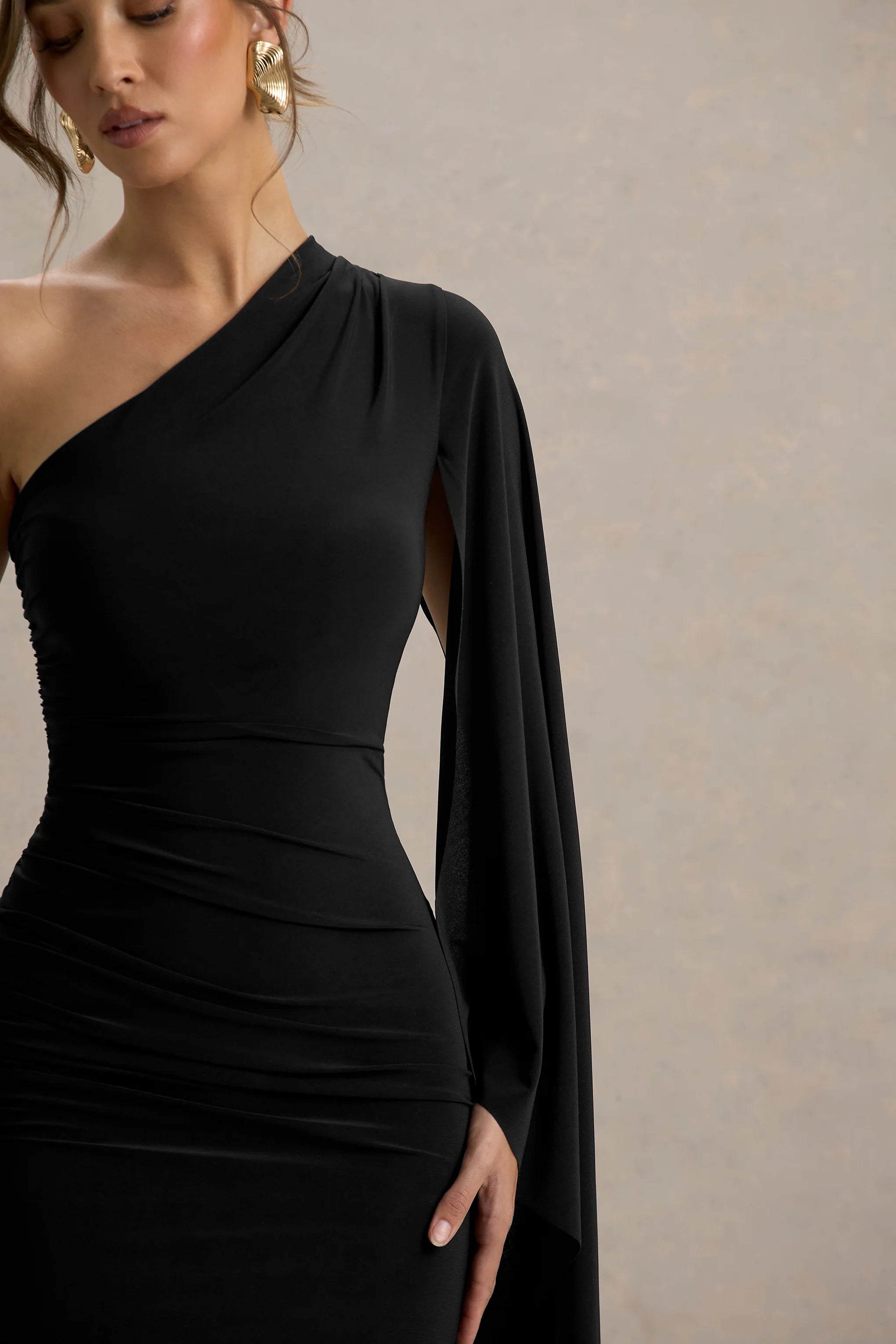 Clementina Black Asymmetric Cape Sleeve Maxi Dress