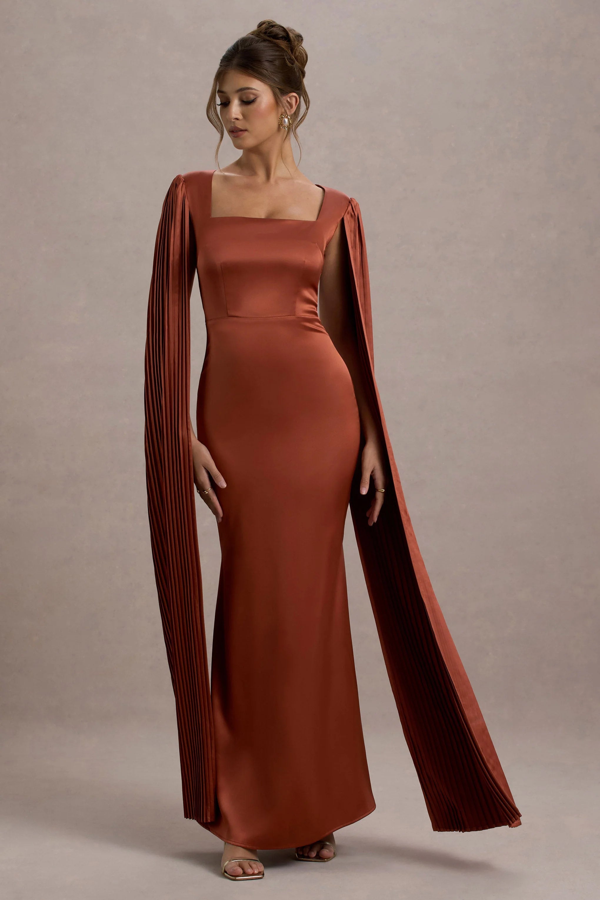 Saloma Rust Satin Square Neck Maxi Dress With Cape Sleeves