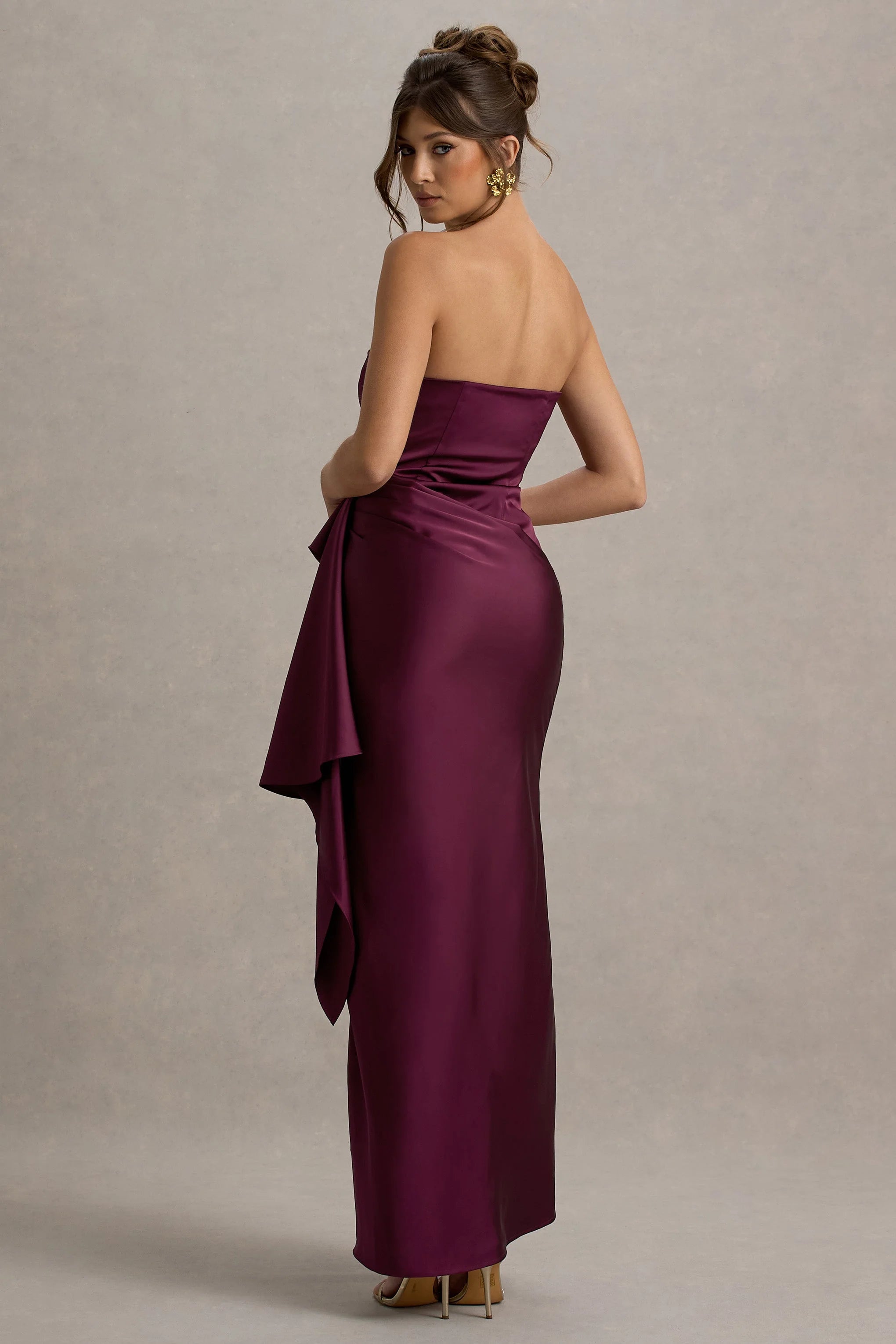 Loz Burgundy Satin Bandeau Draped Maxi Dress