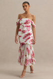 Madelyn Cream Floral Print Short Sleeve Bardot Wrap Maxi Dress With Ruching