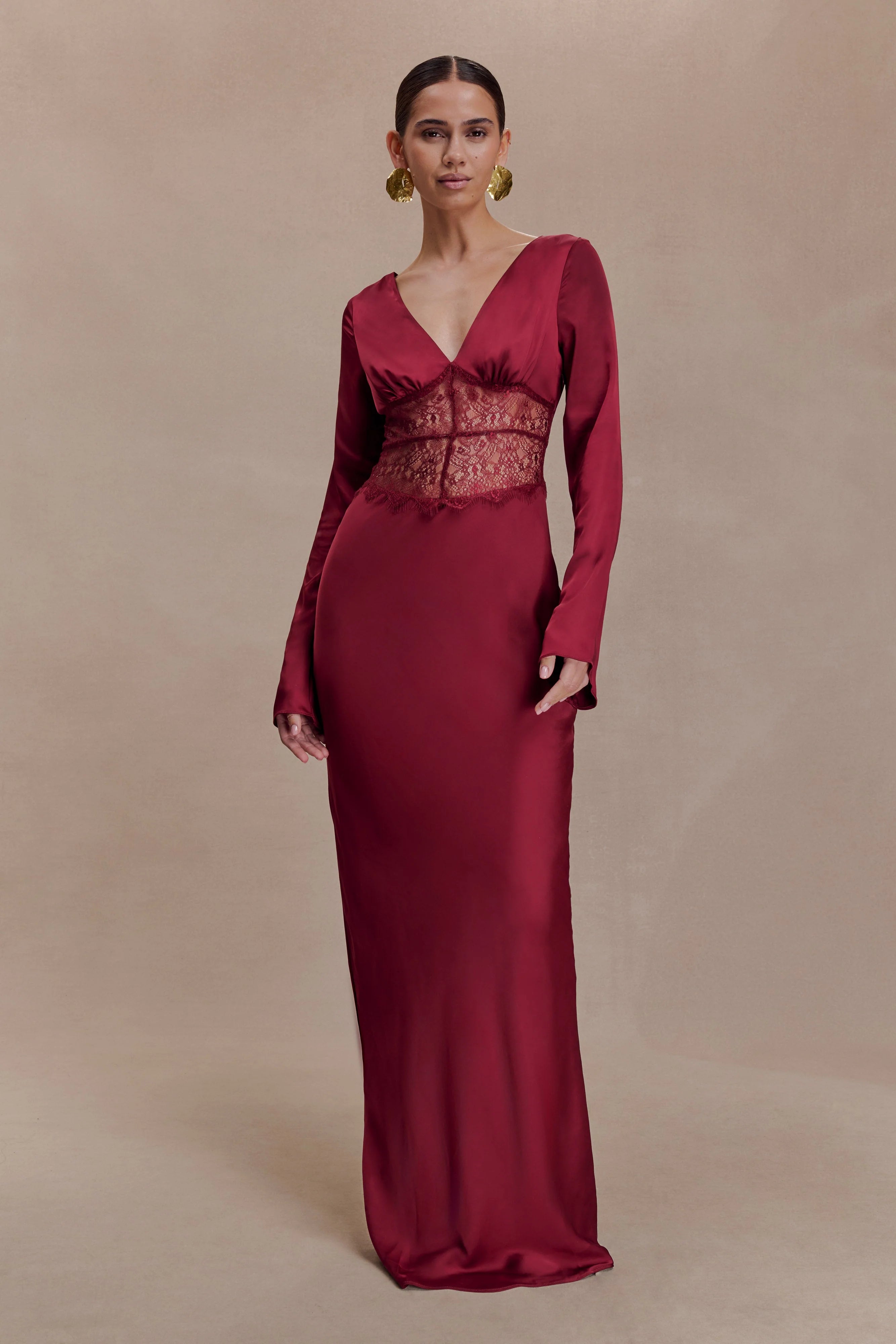 Kaya Long Sleeve Satin And Mesh Maxi Dress Wine