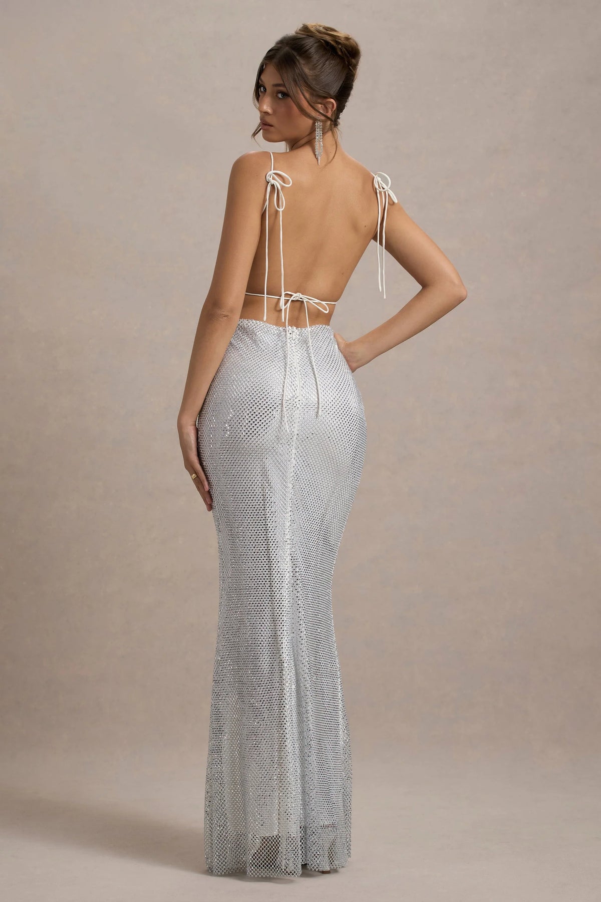 Quartz Silver Embellished Square Neck Open Back Maxi Dress