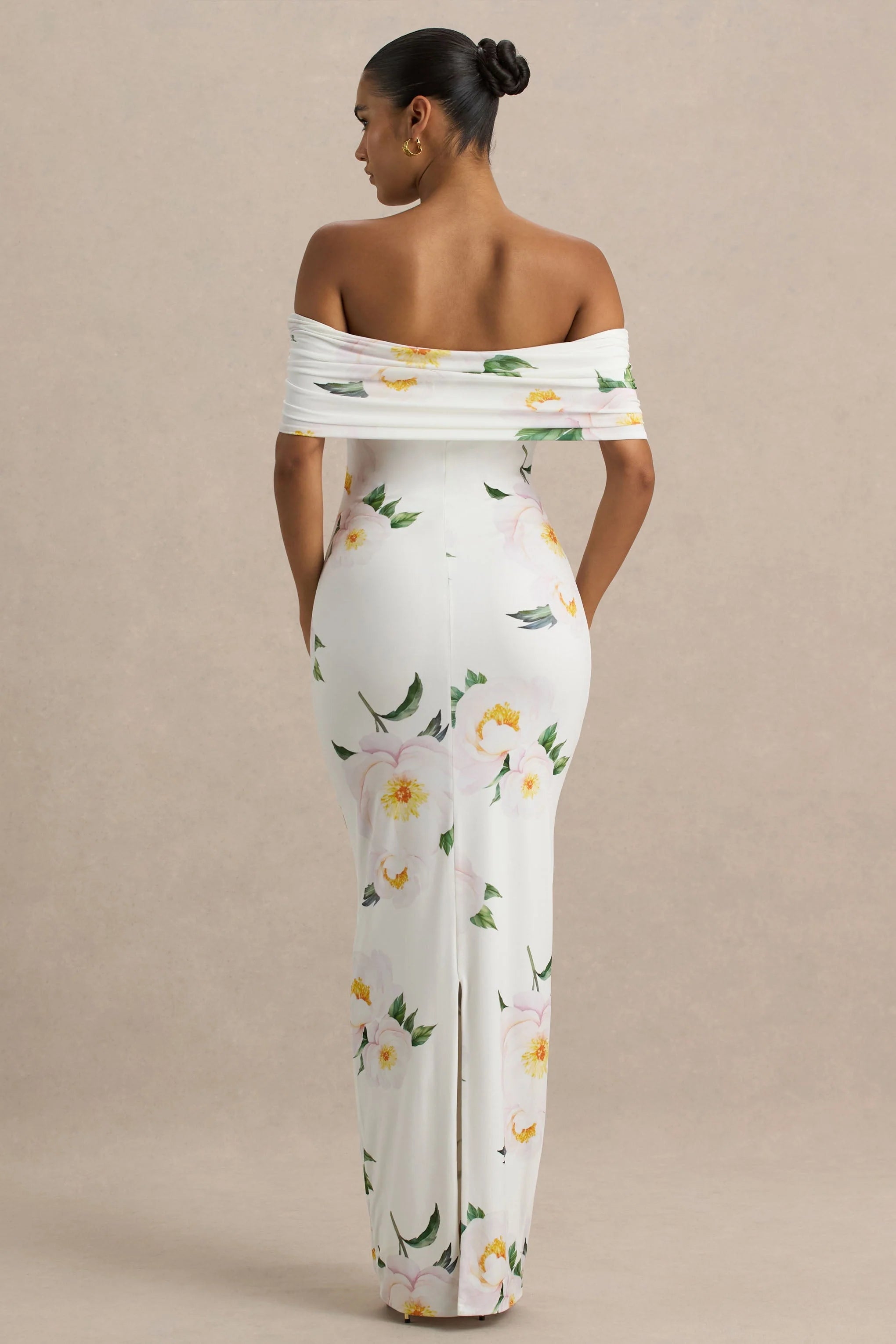 Capri White Rose Print Bardot Neck Maxi Dress With Ruched Detailing