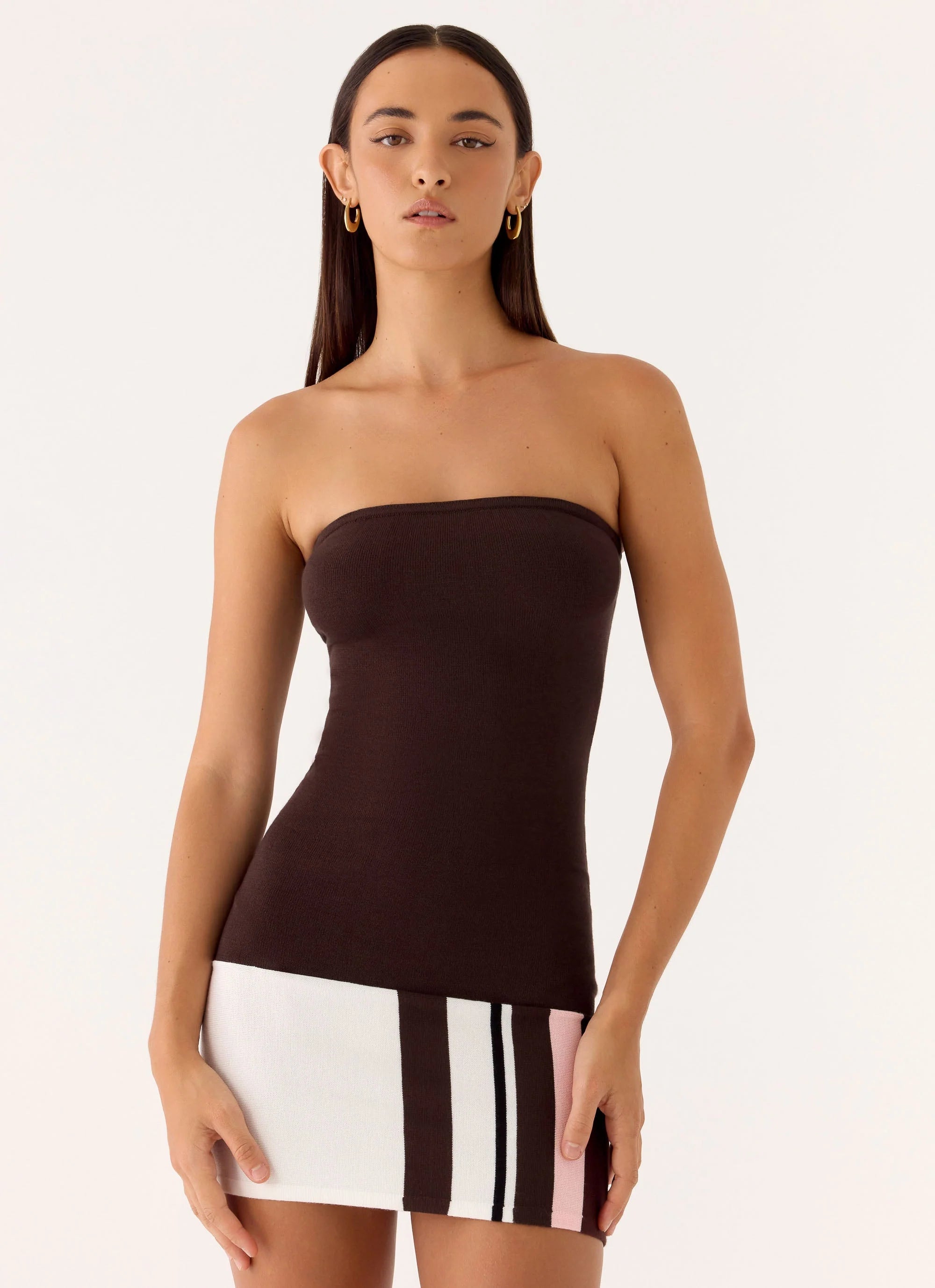 Straight Lines Knit Mini Dress Chocolate