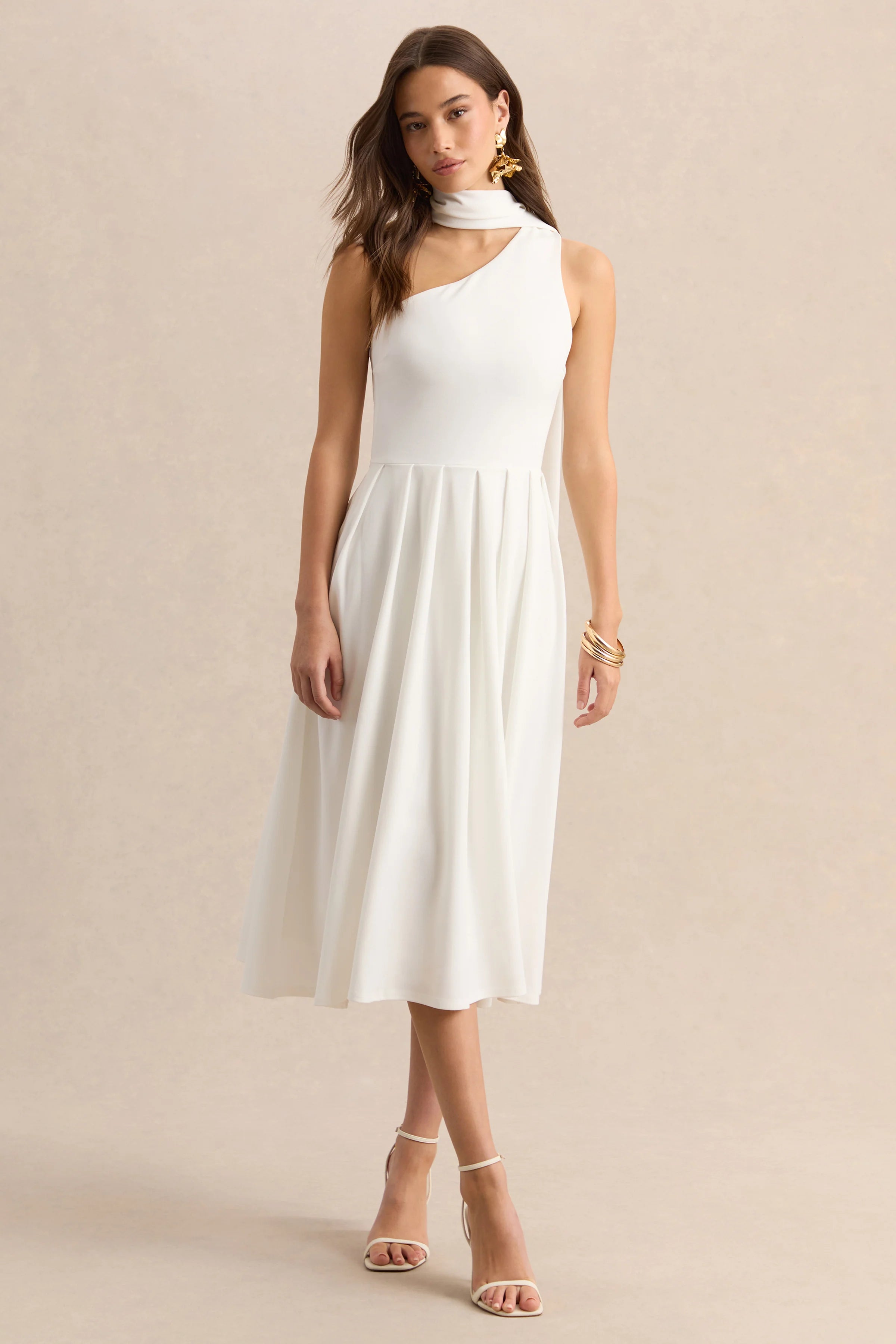 Odette White Asymmetric Neck Midi Dress With Scarf