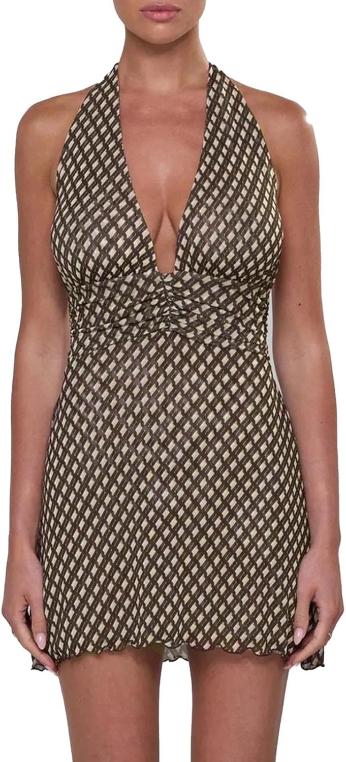 Women Polka Dot Mini Dress Halter Deep V Neck Backless Dresses Going Out Beach Vacation