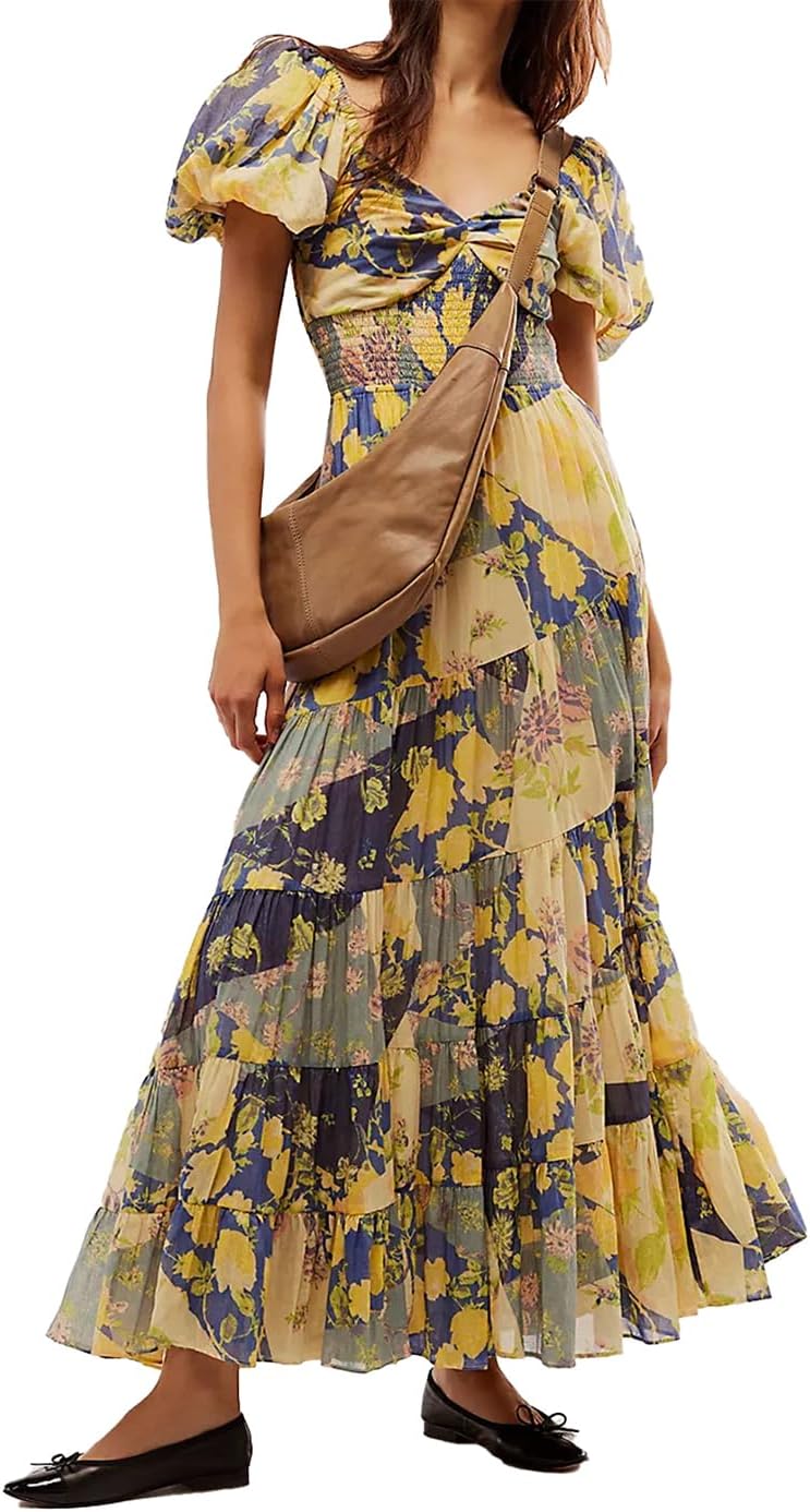 Women Floral Maxi Dress Short Puff Sleeve V Neck Bohemian Flowy Dress Smocked Casual Spring Summer Dresses