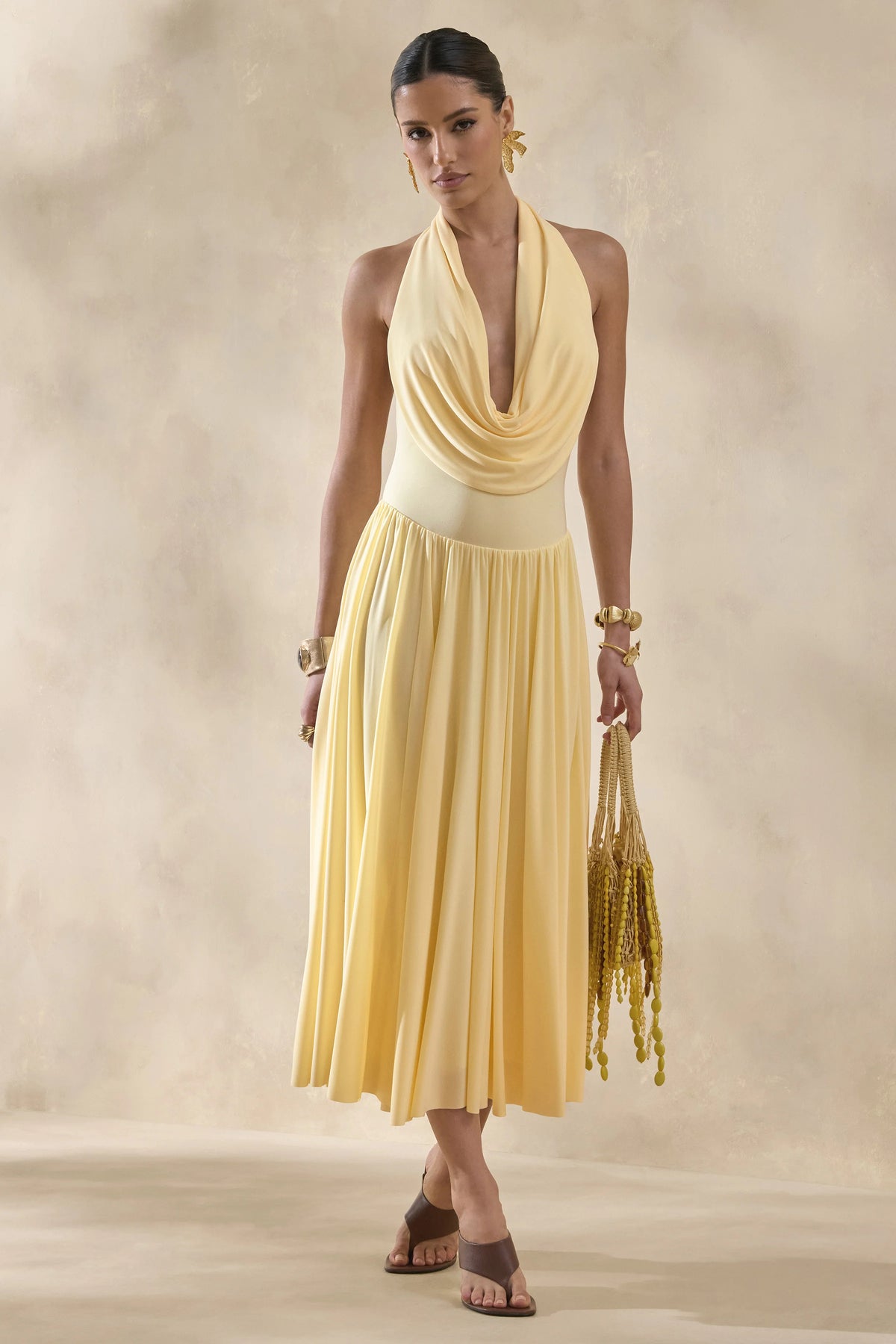 Veyra Lemon Plunge Cowl Neck Midi Dress