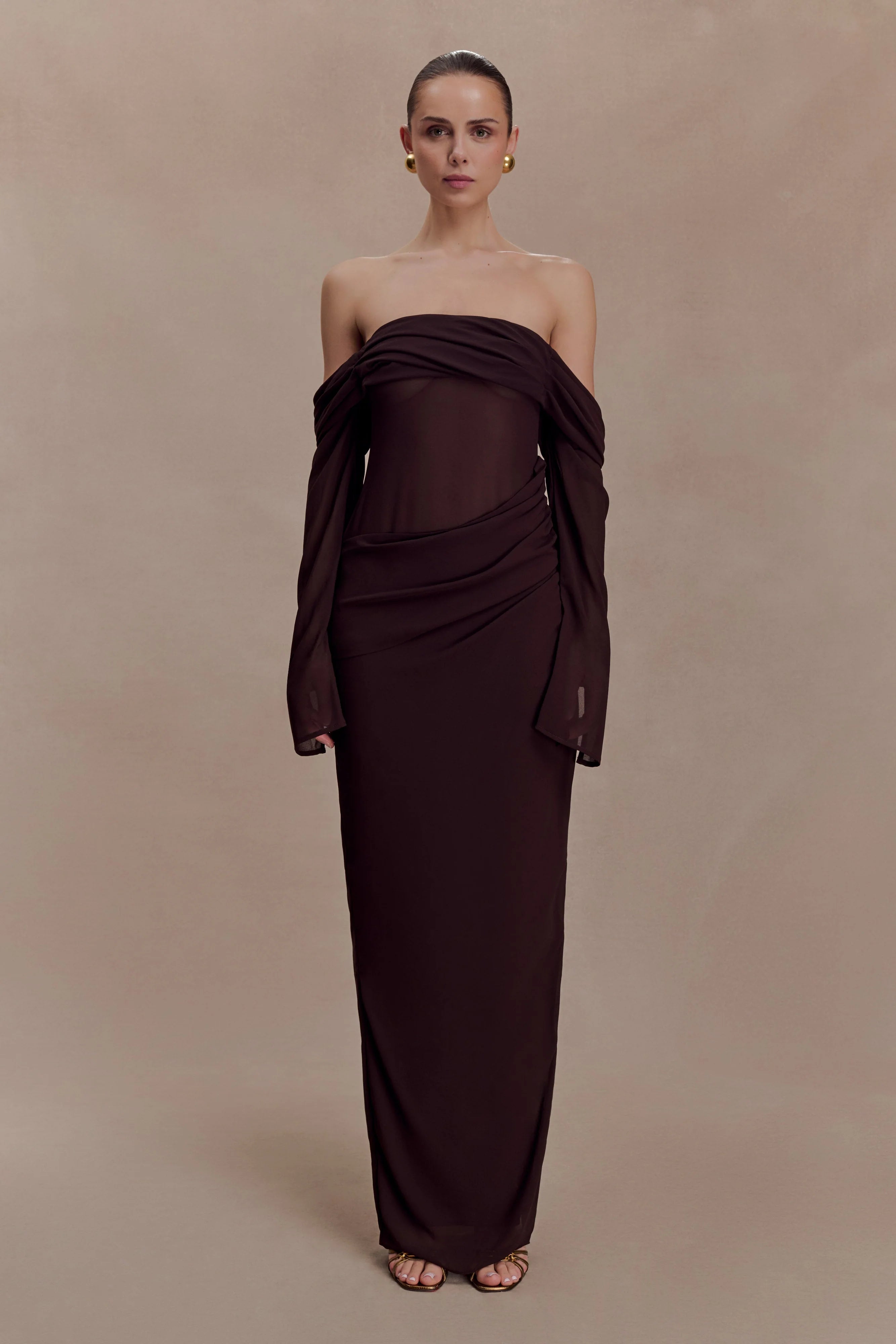 Kirsten Off Shoulder Chiffon Maxi Dress Cacao Brown