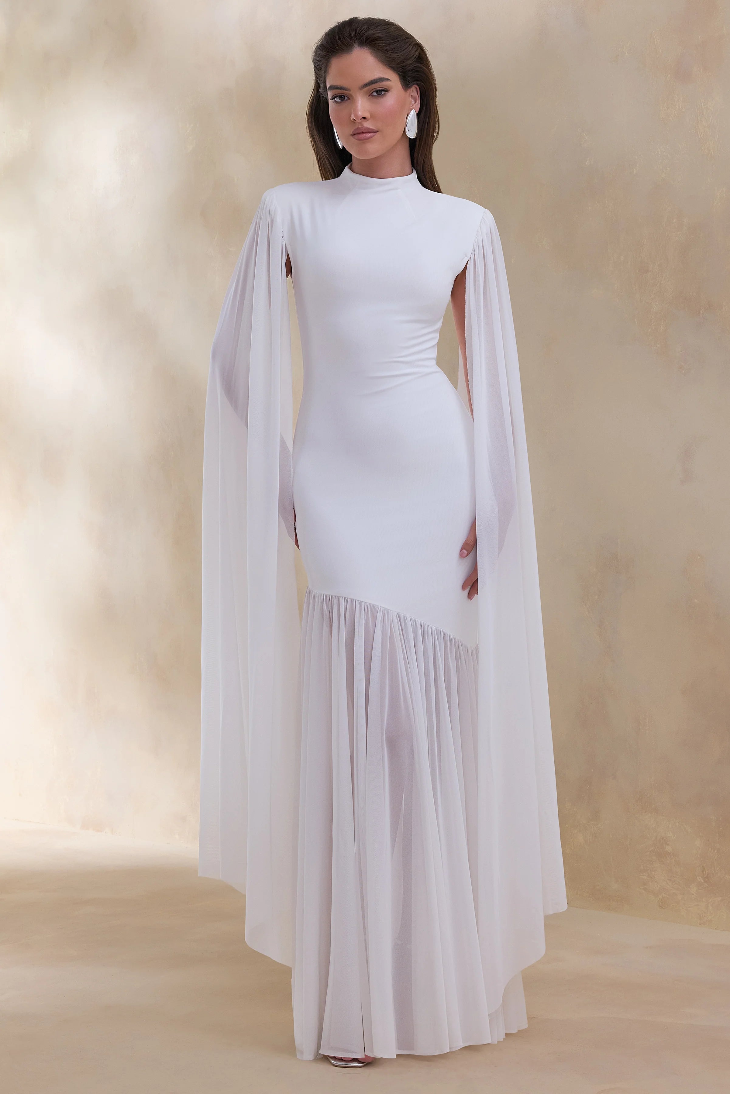 Chantelle White High Neck Maxi Dress With Drop Waist And Cape Sleeves