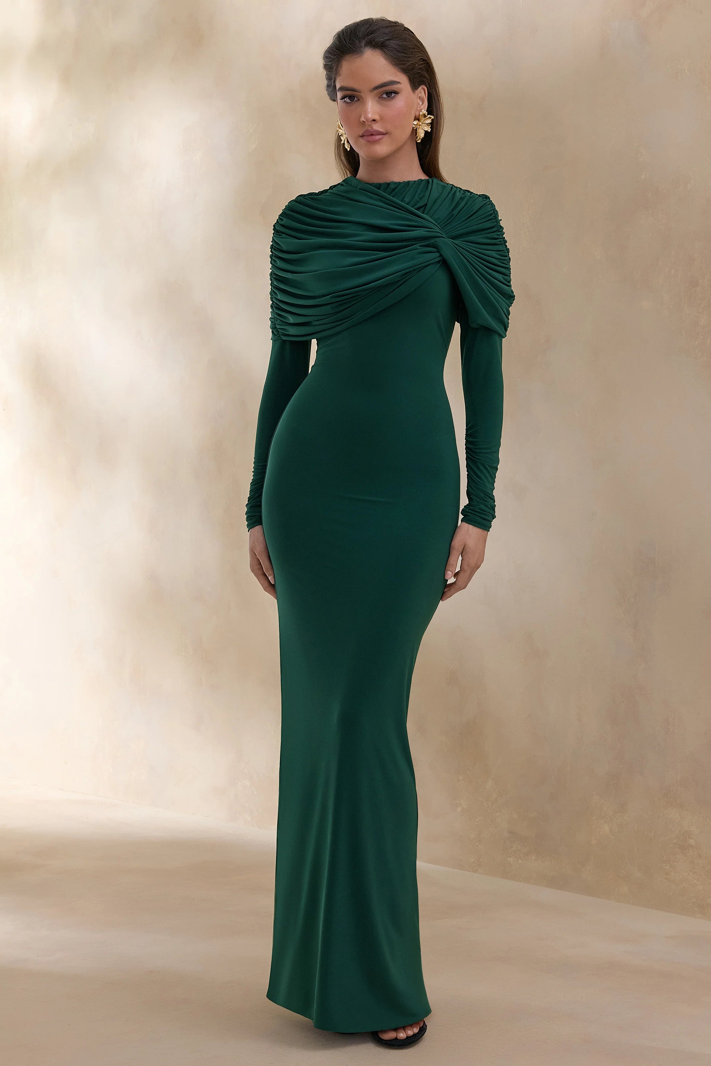 Evessa Dark Green High Neck Maxi Dress With Gathered Detailing