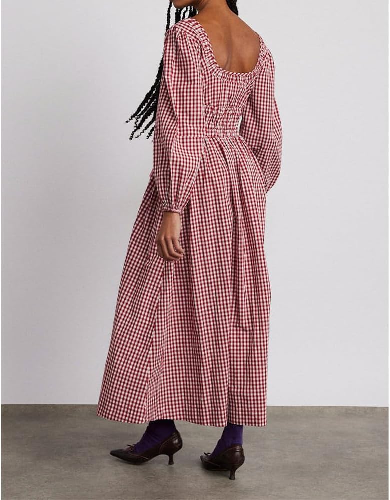 Women Plaid Maxi Dress Long Puff Sleeve Square Neck Flowy Boho Dress Bow Tie Smocked Fall Dresses