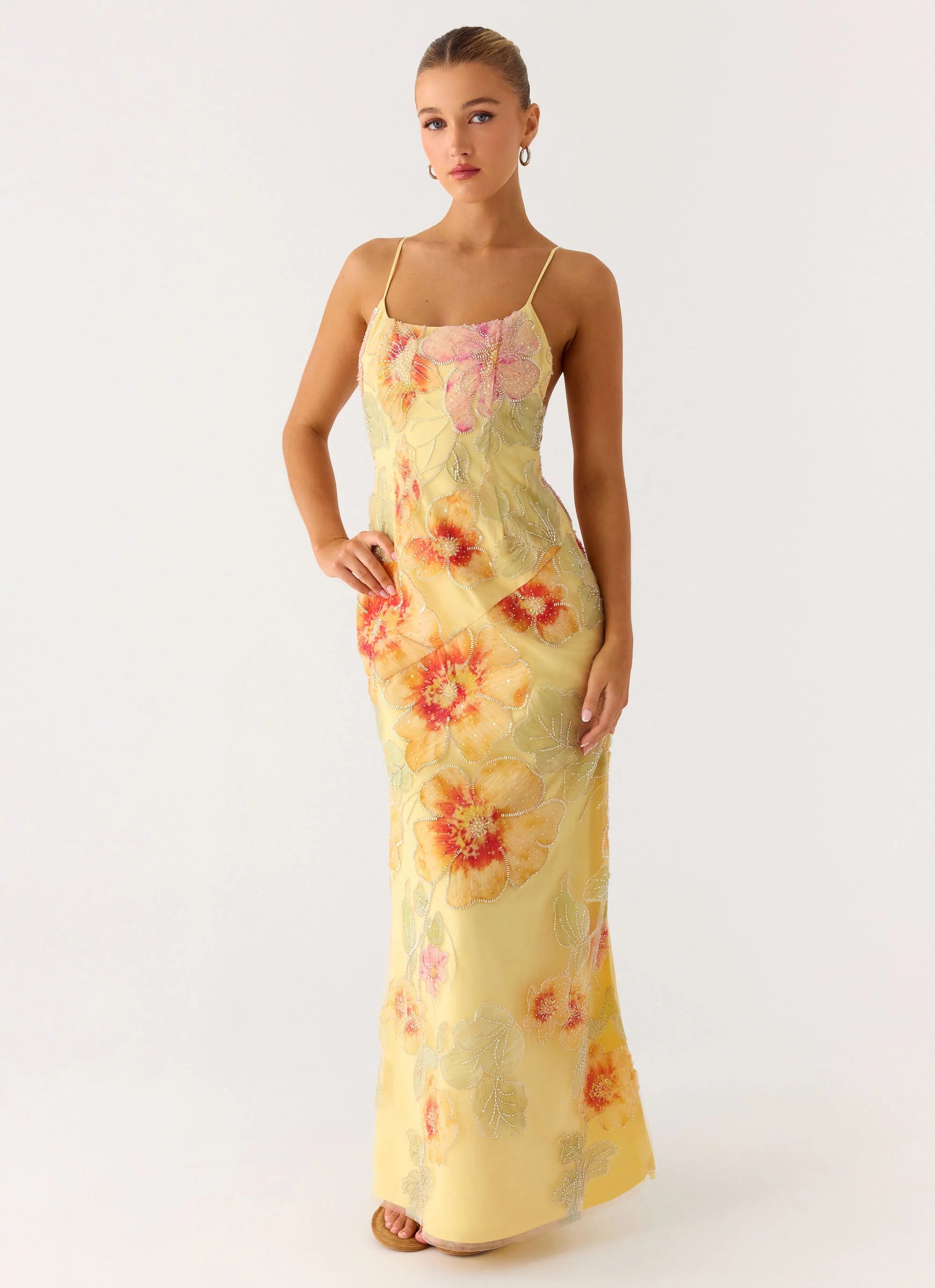 Morning Light Beaded Maxi Dress Yellow Floral Beaded