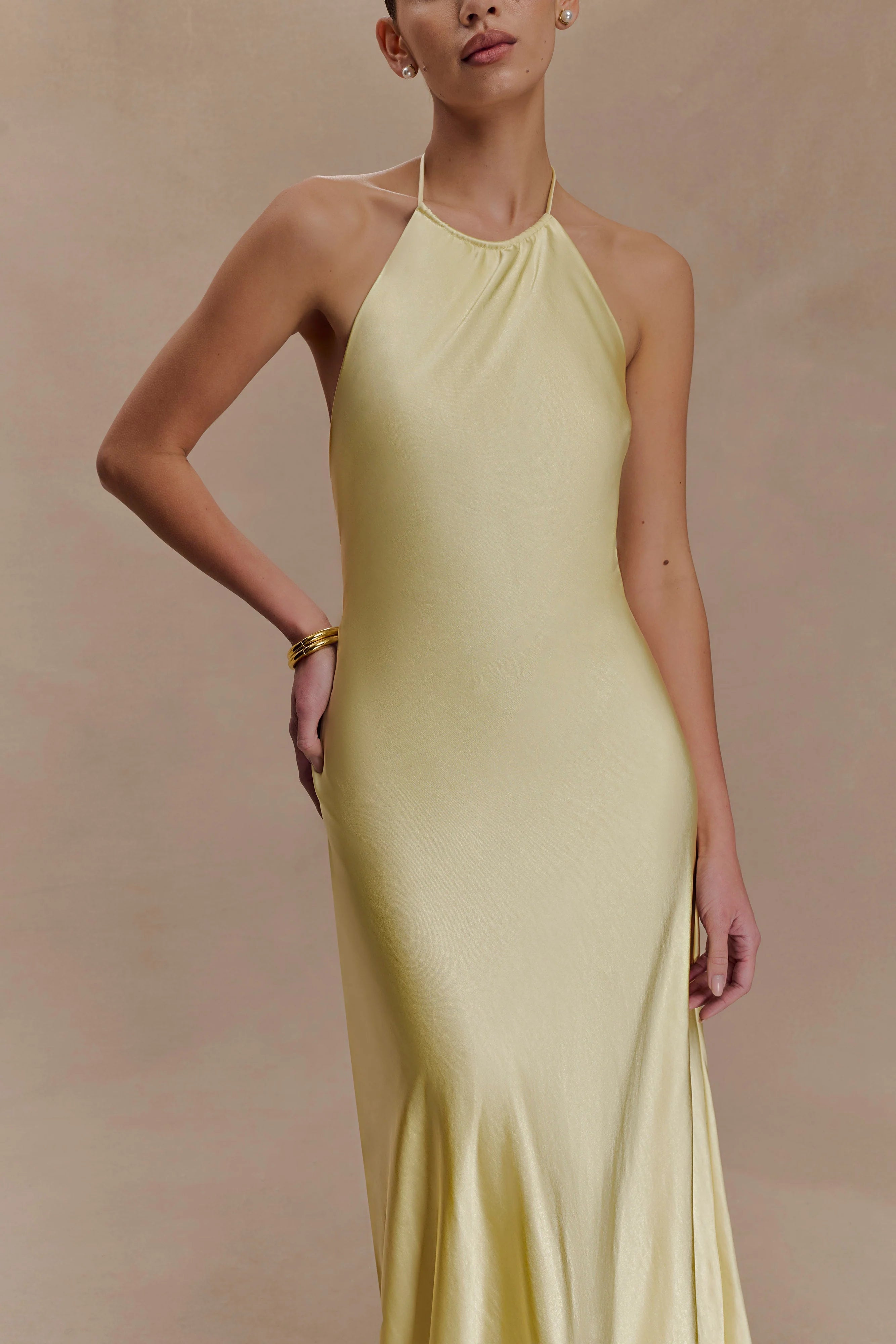 Bella Satin Halter Maxi Dress Lemon