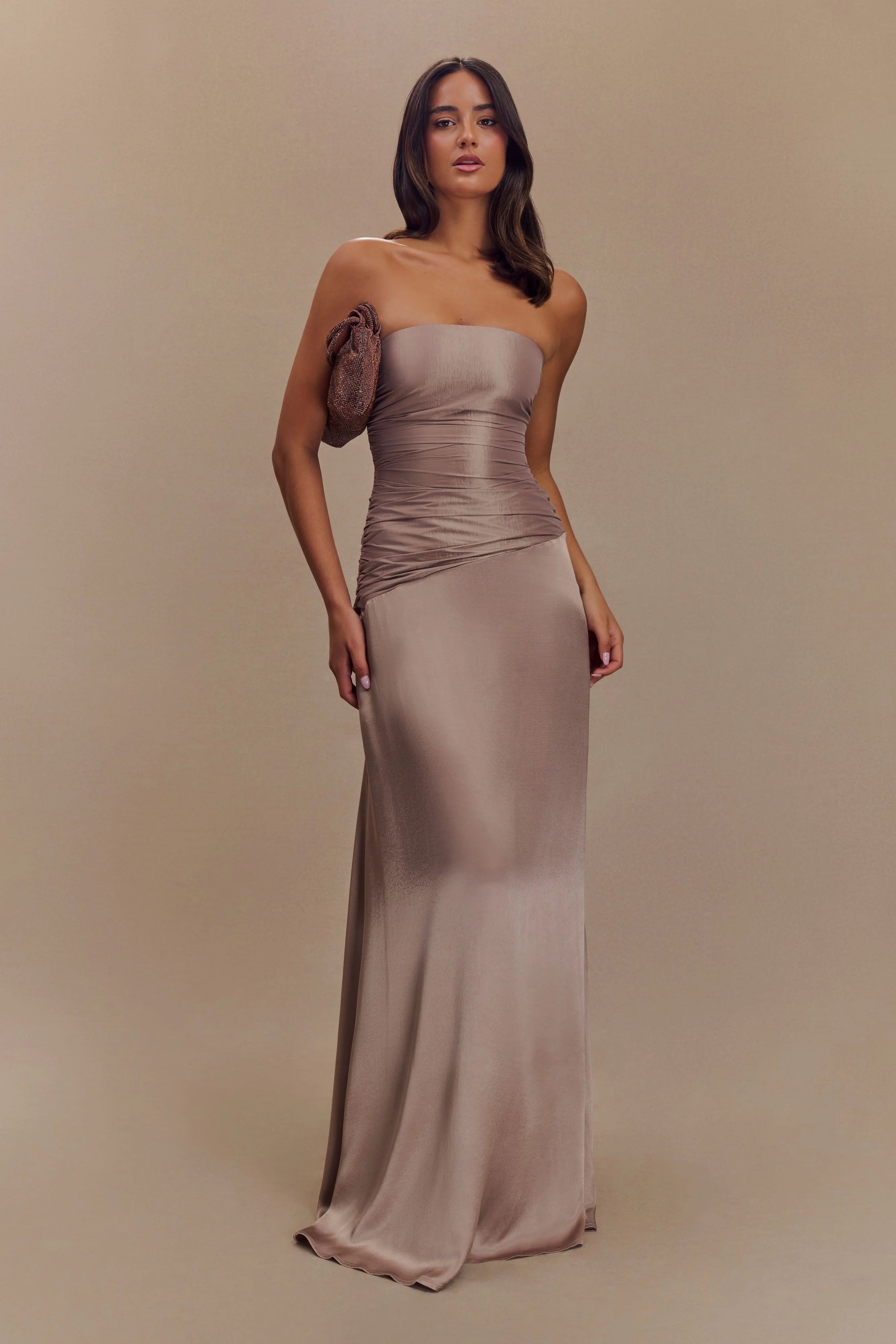 Serena Strapless Taffeta Maxi Dress Bronze Taupe