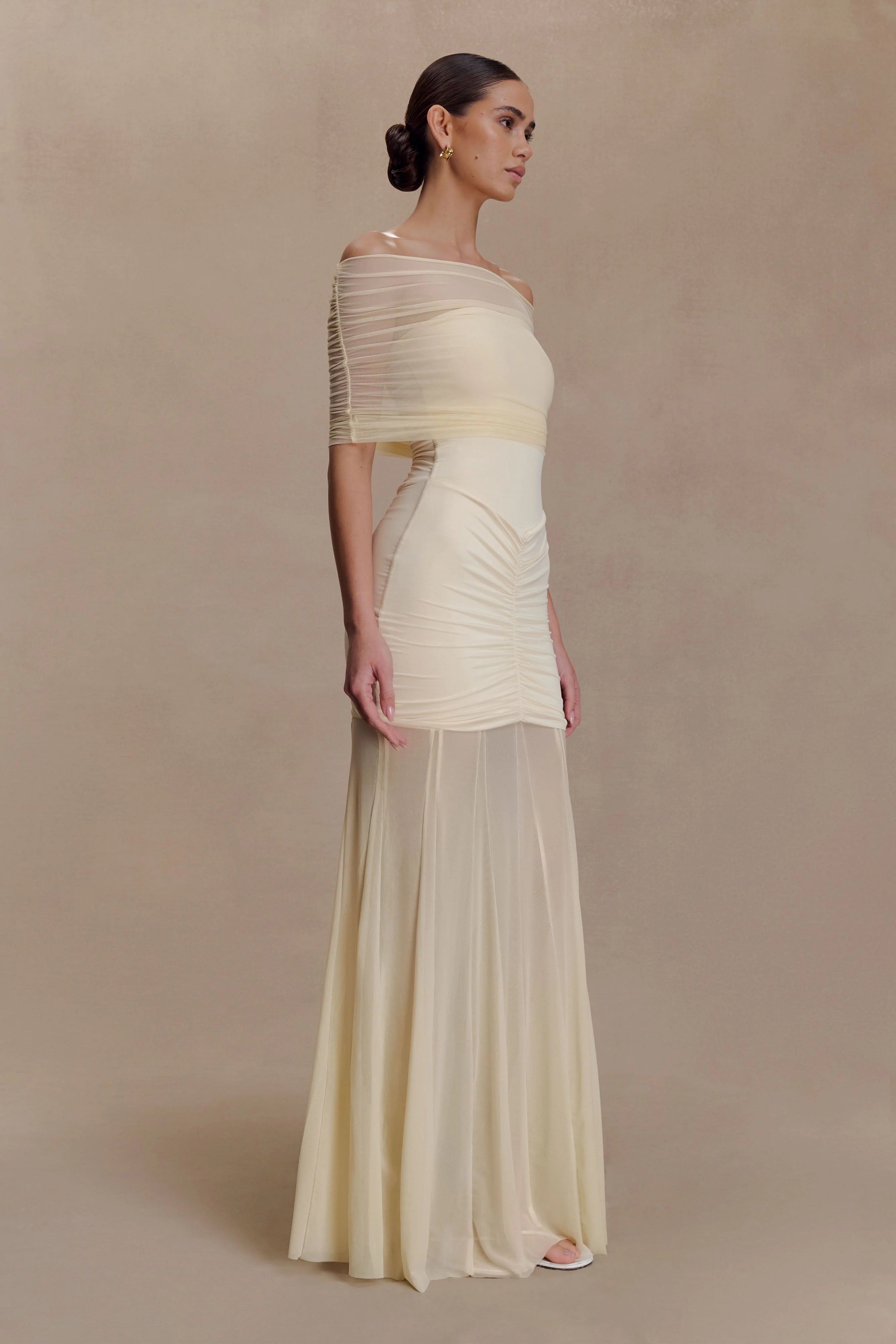 Caspian Slinky And Mesh Off Shoulder Maxi Dress Ivory