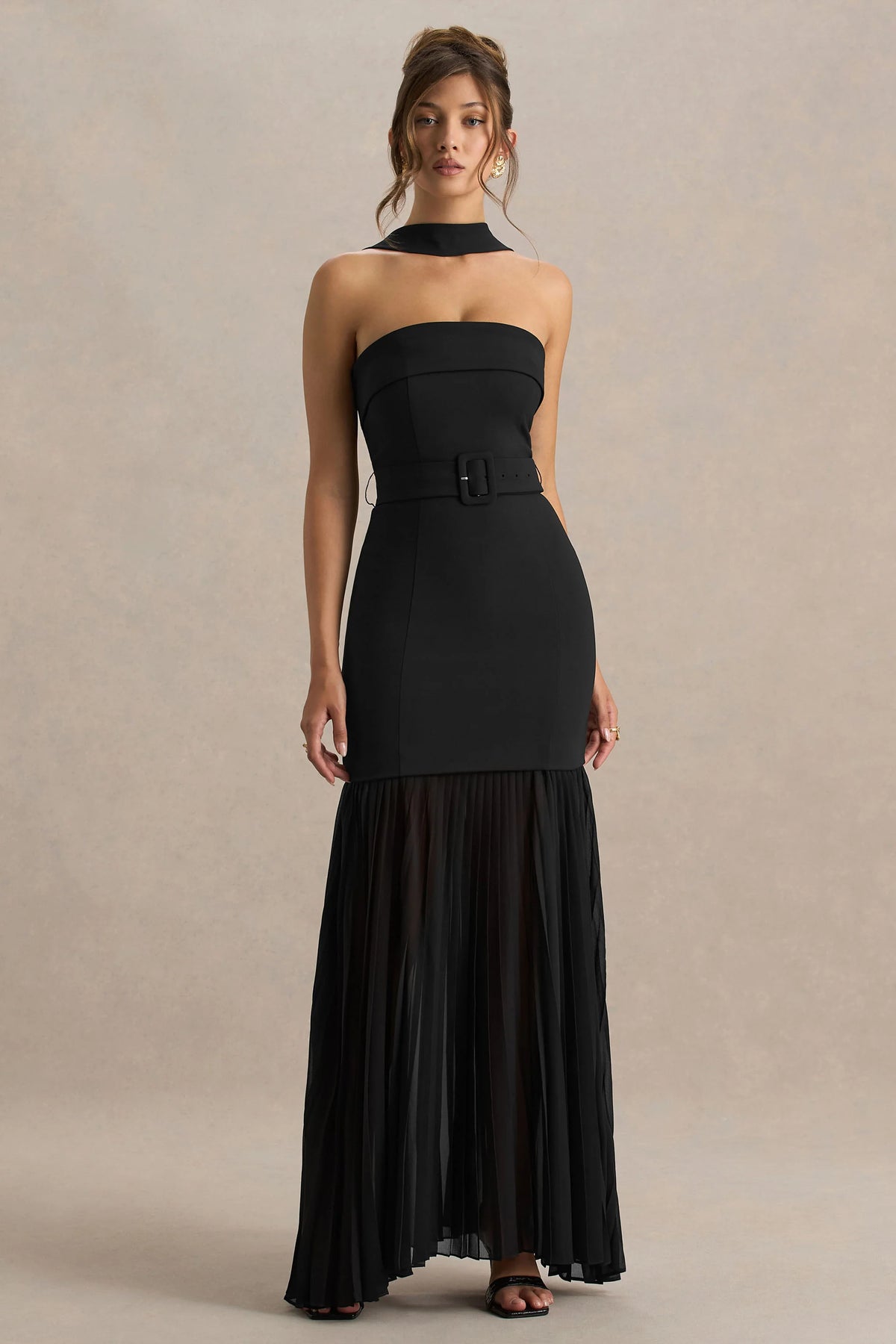 Jaquetta Black Belted Maxi Dress With Pleated Chiffon Skirt