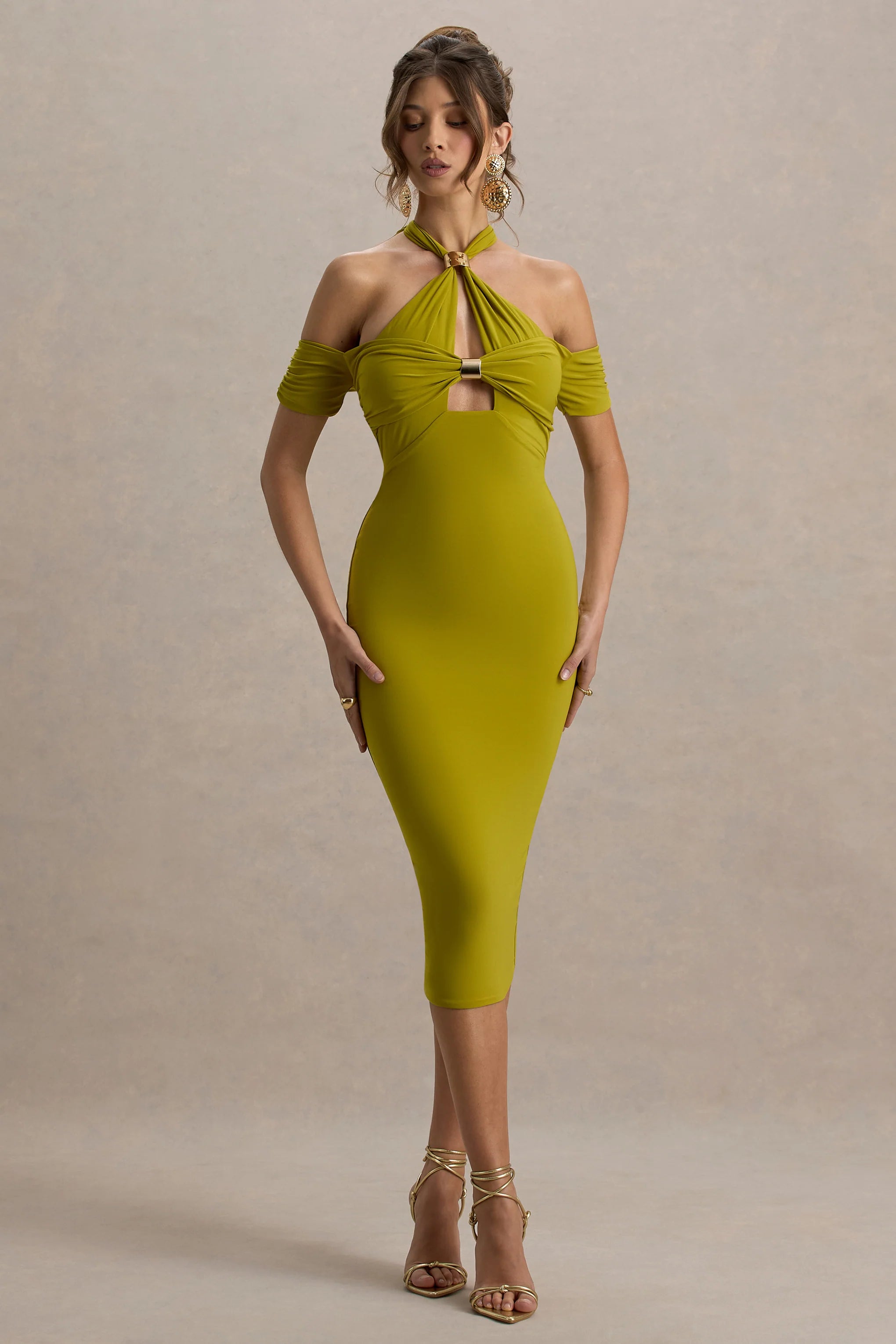 Selvina Green Cut Out Halter Neck Midi Dress