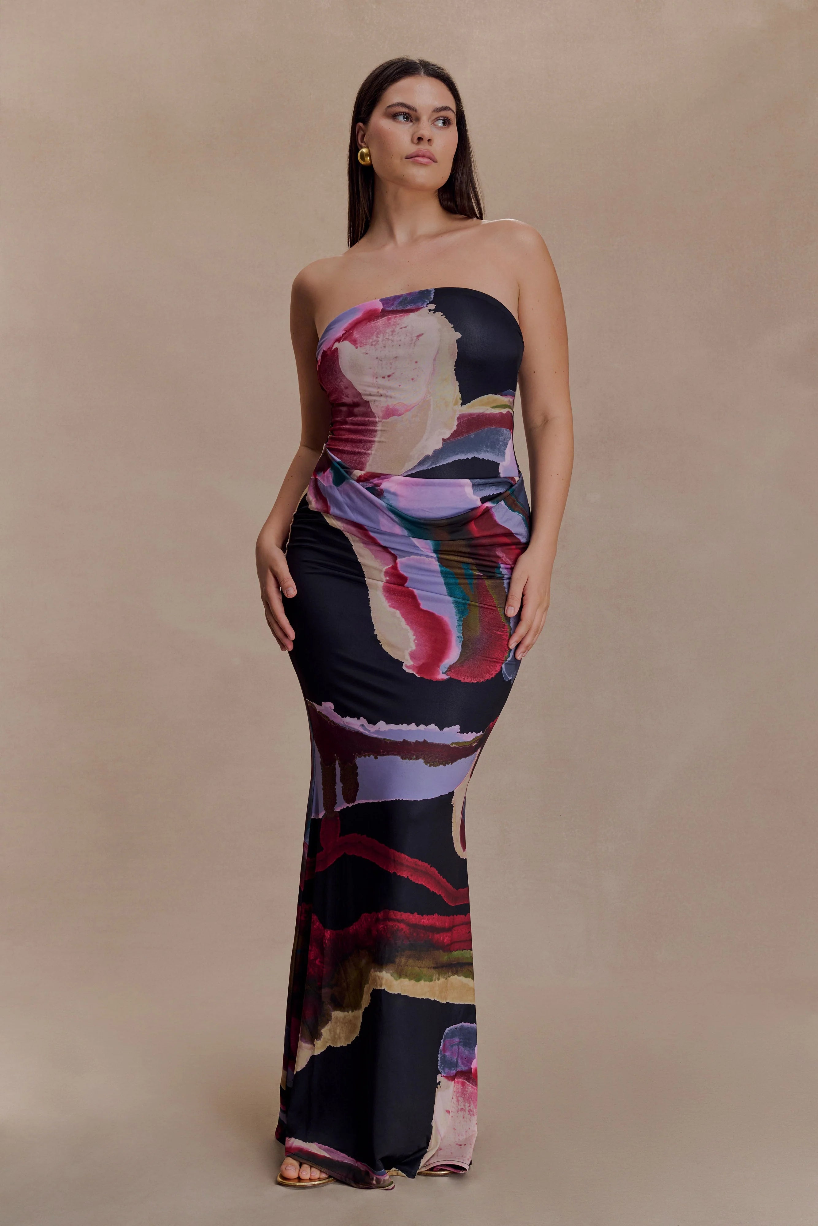 Madison Strapless Slinky Maxi Dress Multi Fluid Reverie Print